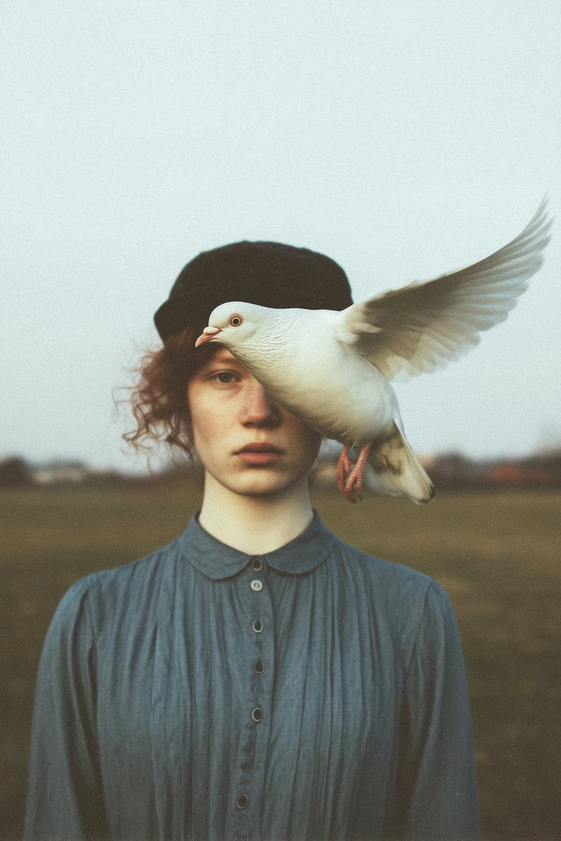 A woman with curly hair wearing a black beret and blue button-up dress has a white dove perched on her face, with the dove's wing extended outward.