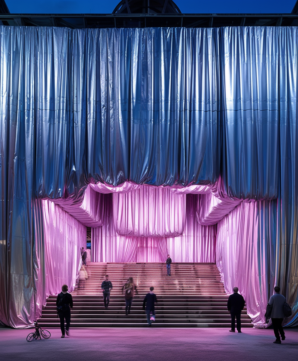 An indoor stage with large, shiny blue and pink curtains, and several people standing and walking around the stage area.