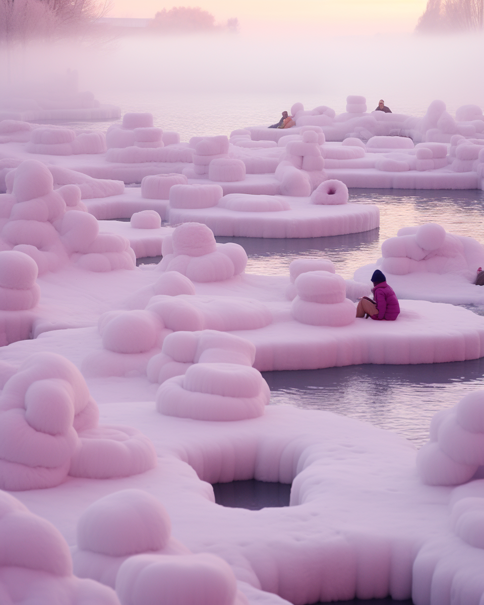 People sitting on large, pink, snow-like formations along a body of water during sunrise over a foggy landscape.