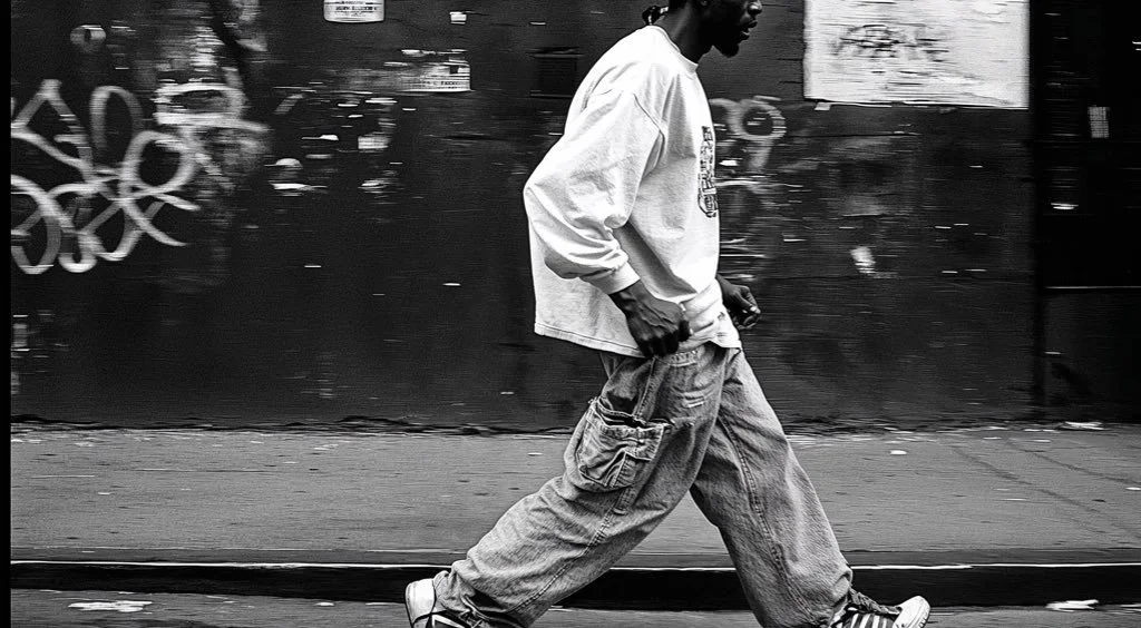 A man walking on the sidewalk in a black and white photo, wearing a hooded sweatshirt and loose cargo pants.