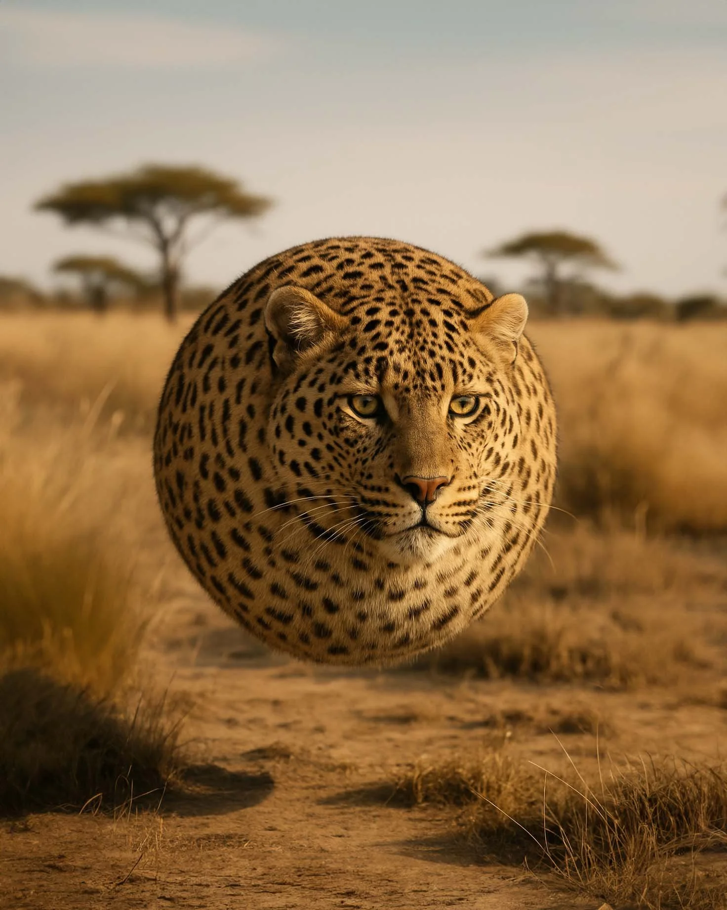 A digitally edited image showing a large, floating jaguar in a savanna landscape with sparse trees.