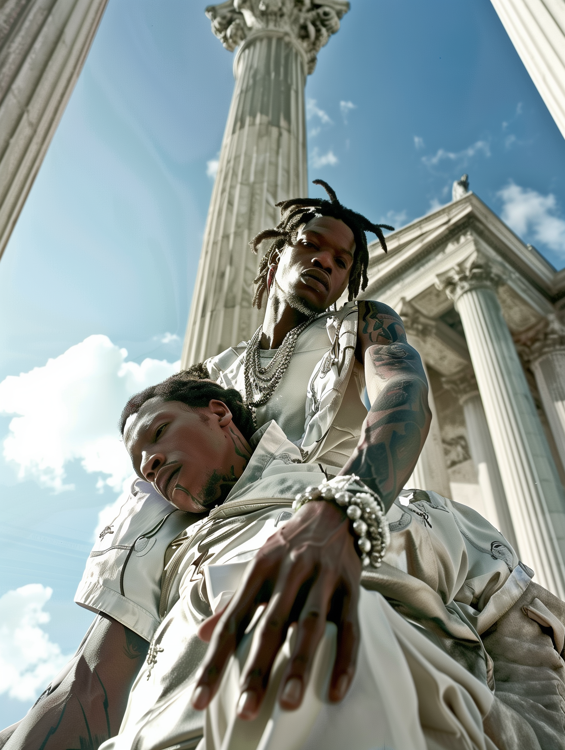 Two men with tattoos dressed in fashionable clothing are posing in front of ancient Greek columns and a building with a columned façade under a partly cloudy sky.