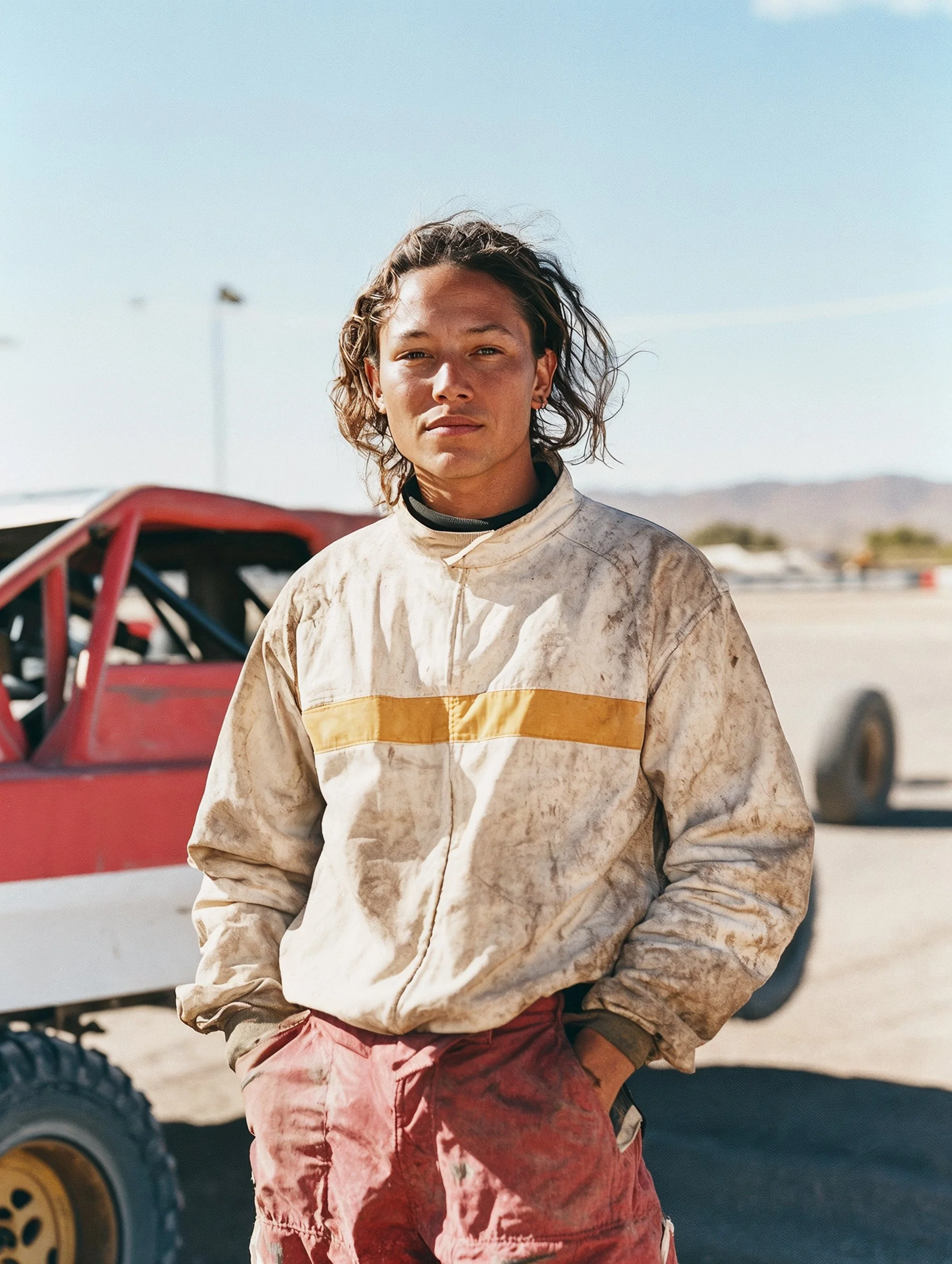 A woman in a dirty racing suit standing next to a red off-road vehicle in a desert setting.