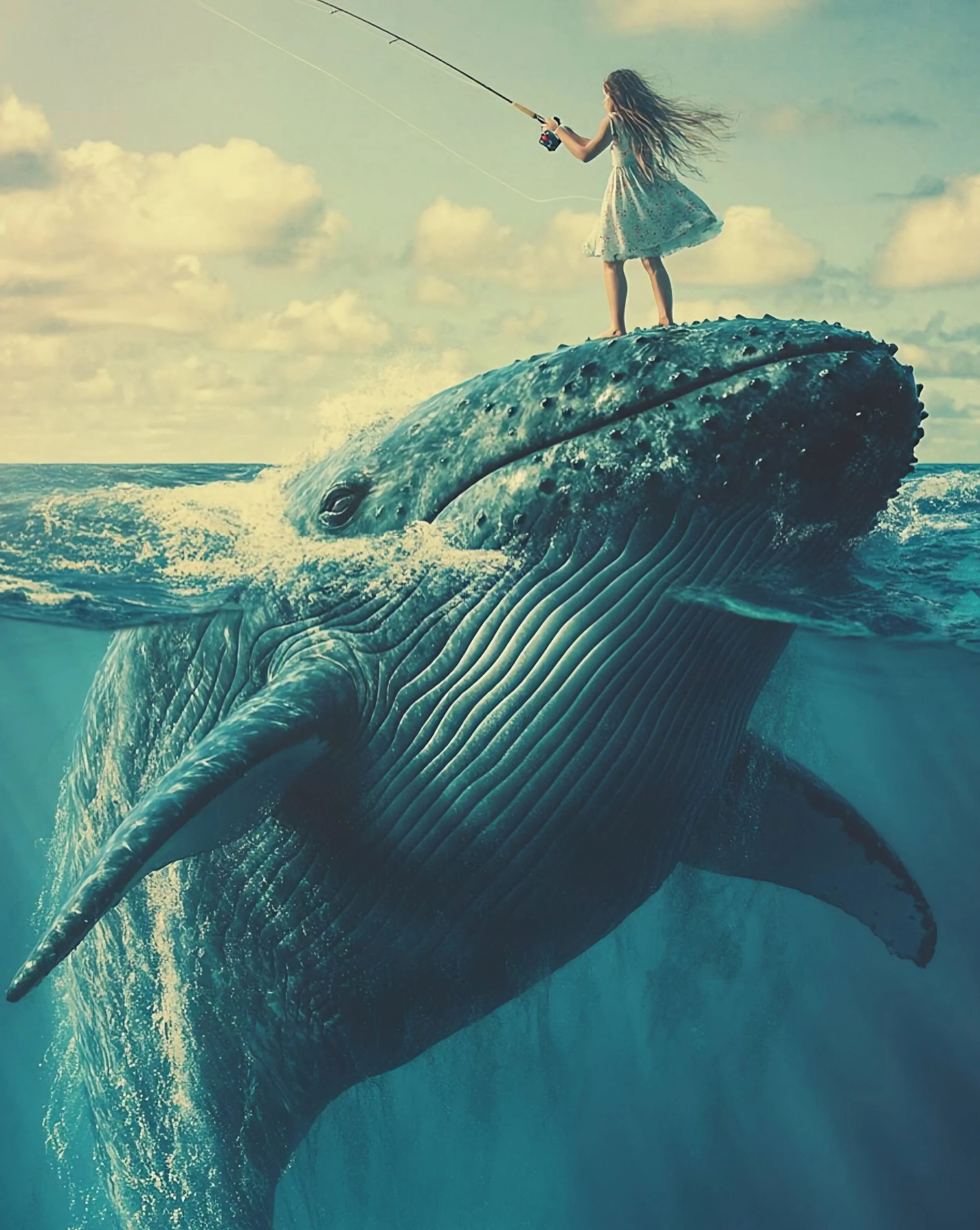 A girl in a white dress standing on top of a whale's head, holding a fishing rod with a line extending into the water.
