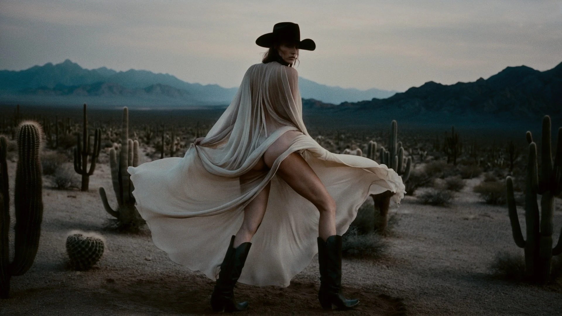 A woman wearing a black cowboy hat and a flowing beige dress stands in a desert landscape with cacti and mountains in the background.