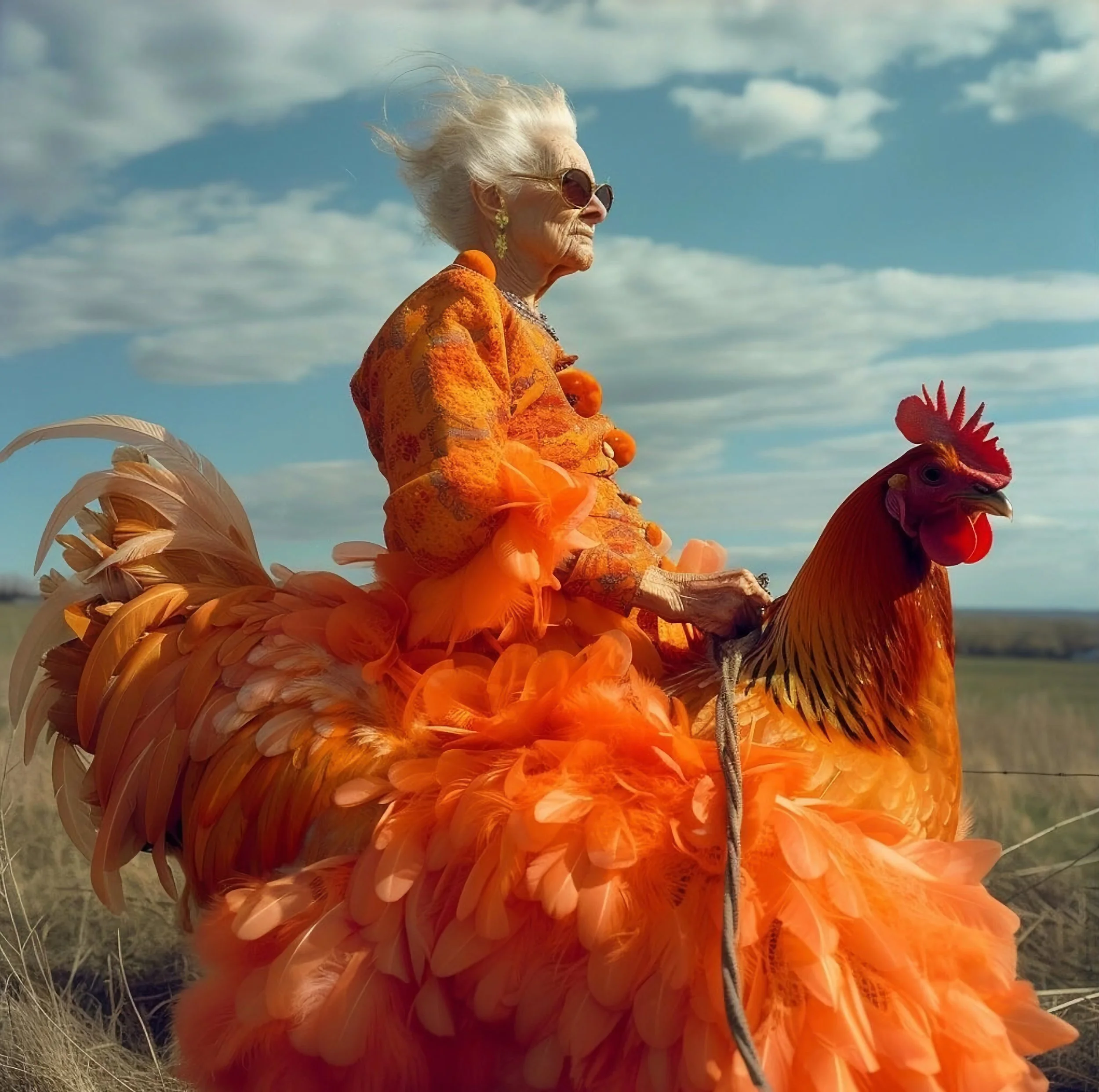 An elderly woman with white hair, wearing sunglasses and an orange outfit blended with feathers and decorative elements, is riding a large, feathered, orange rooster costume in an open field under a cloudy sky.
