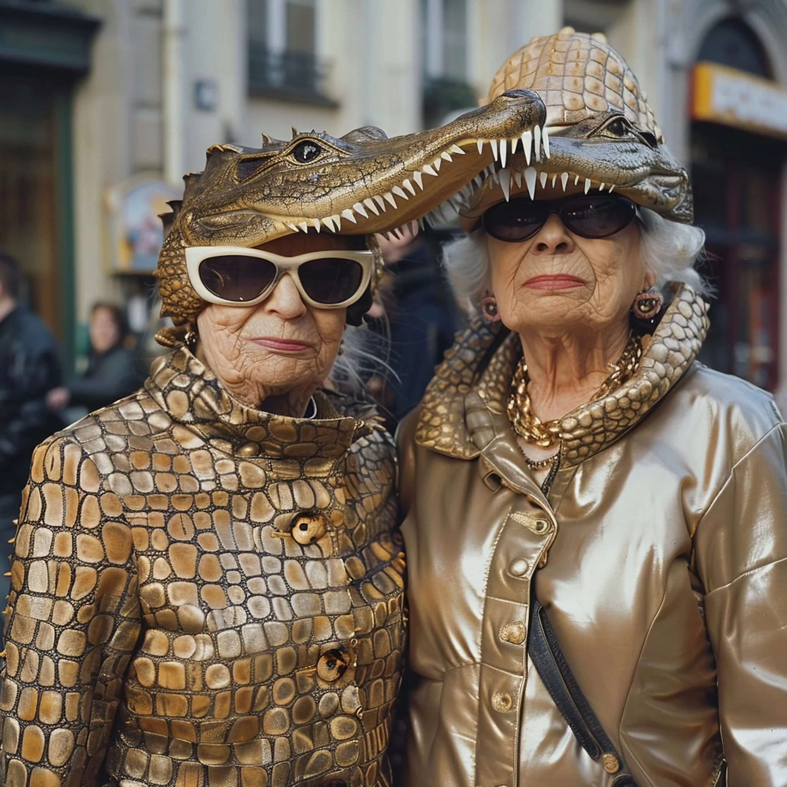 Two elderly women wearing crocodile-themed costumes, including crocodile hats, sunglasses, and jewelry, standing outdoors in an urban setting.