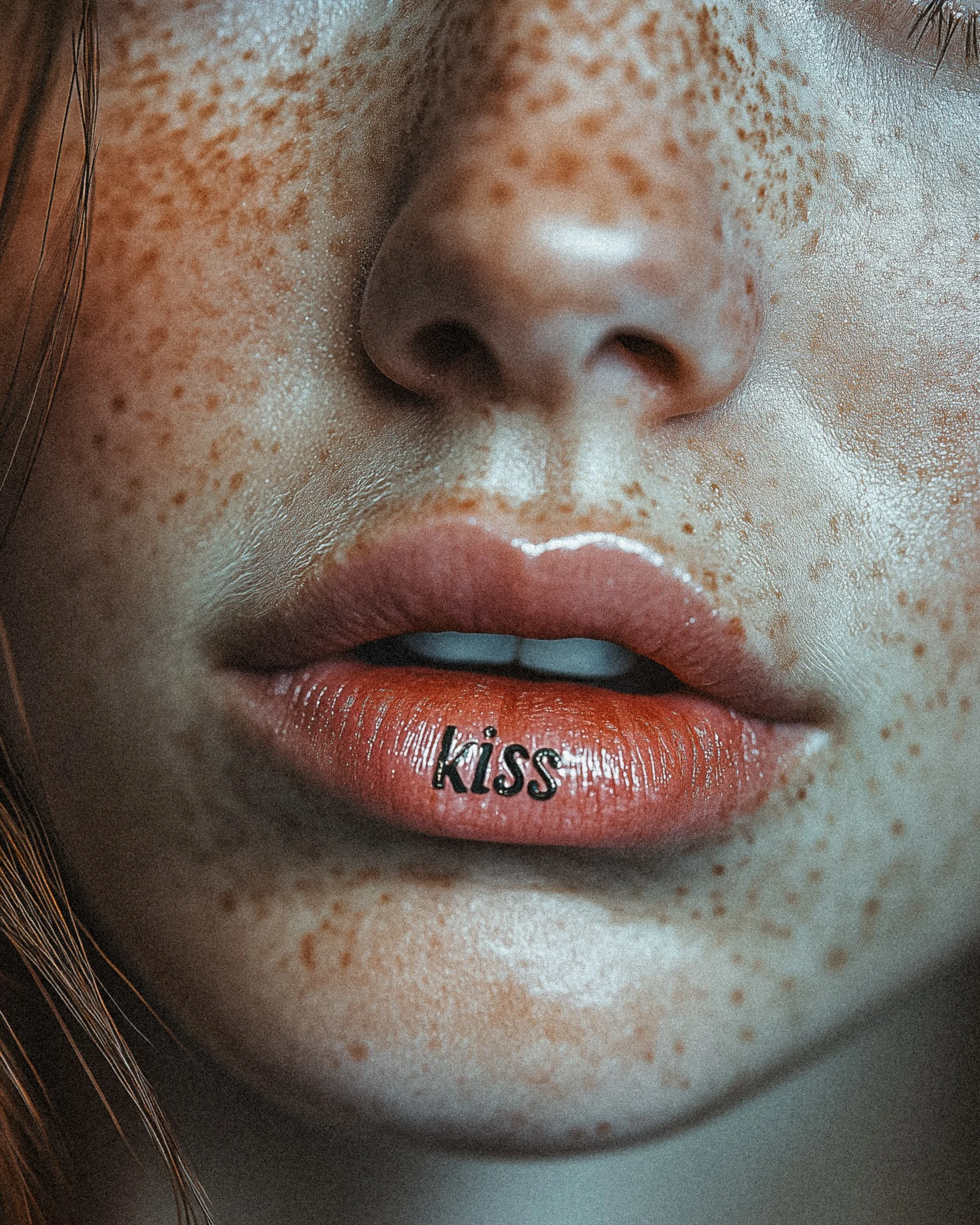 Close-up of a person's face showing lips with the word 'kiss' written on the lower lip, freckles on the skin, and part of the nose visible.