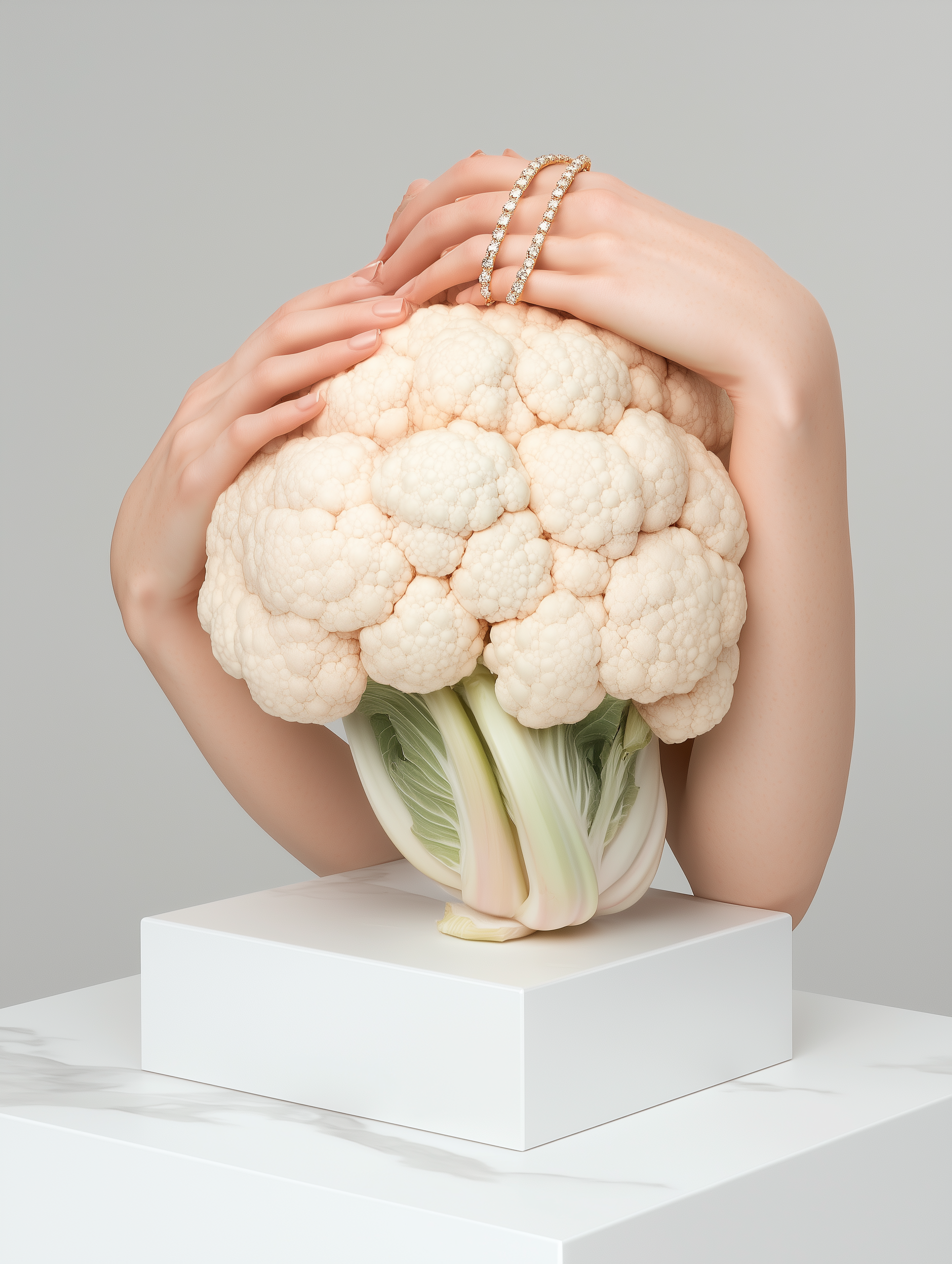 A person holding a cauliflower with their hands, wearing rings, against a plain background.