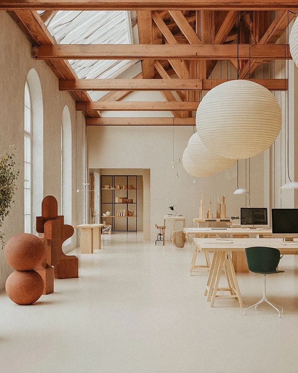 Modern, minimalist office space with wooden beams on the ceiling, large windows, and paper lantern pendant lights. Contains desks with computers, a green chair, and decorative objects.