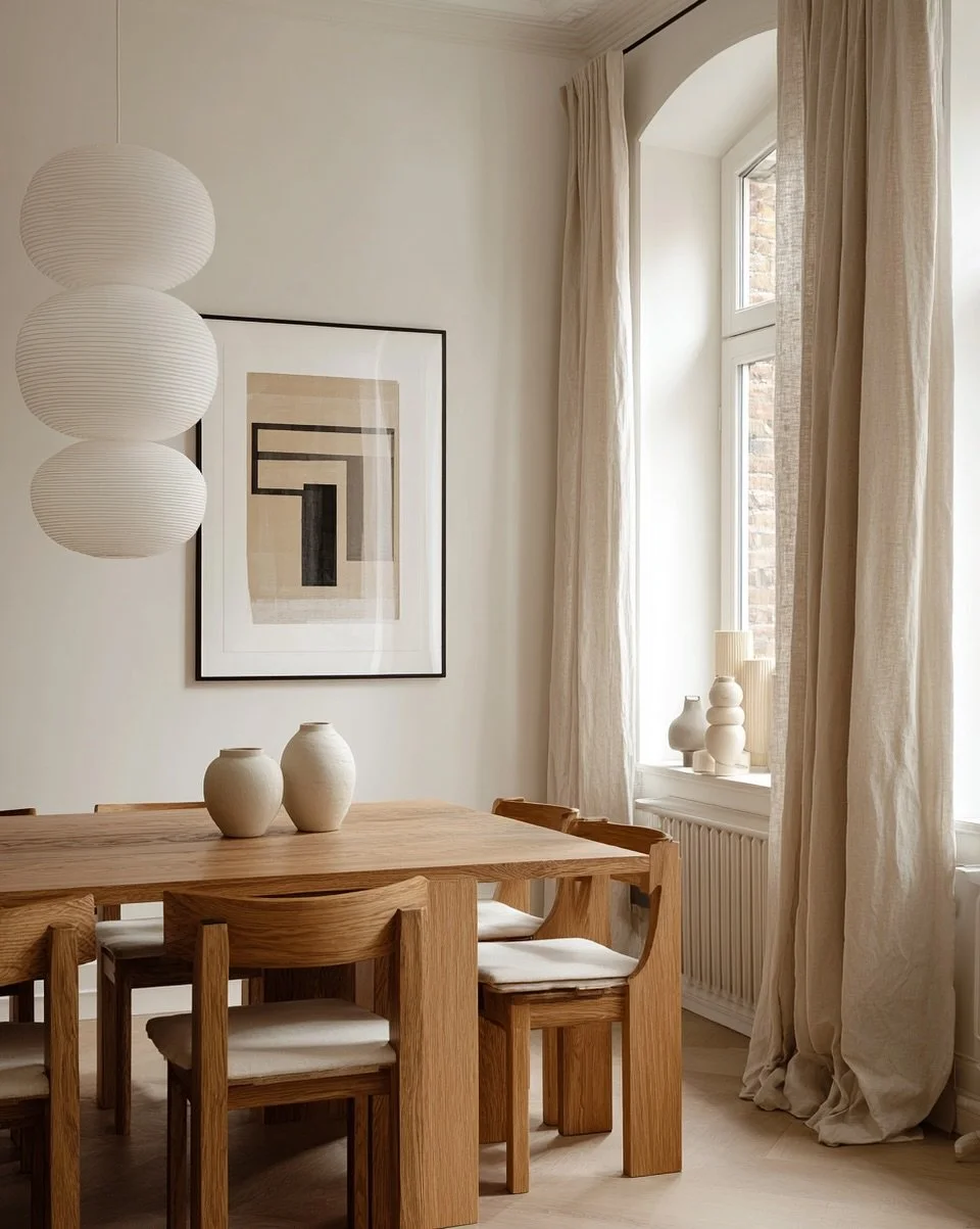 A minimalist dining room with a wooden table and matching chairs, cream-colored vases on the table and window sill, large abstract framed artwork on the wall, and cream curtains by a large window with natural light.
