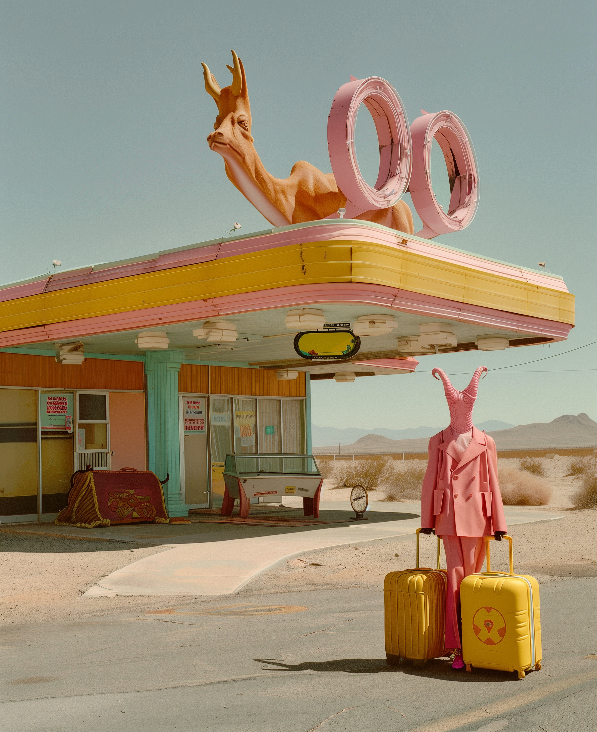 A person with a pink, insect-like mask dressed in a pink suit standing outside a vintage motel in a desert, holding yellow suitcases with a radiation symbol.