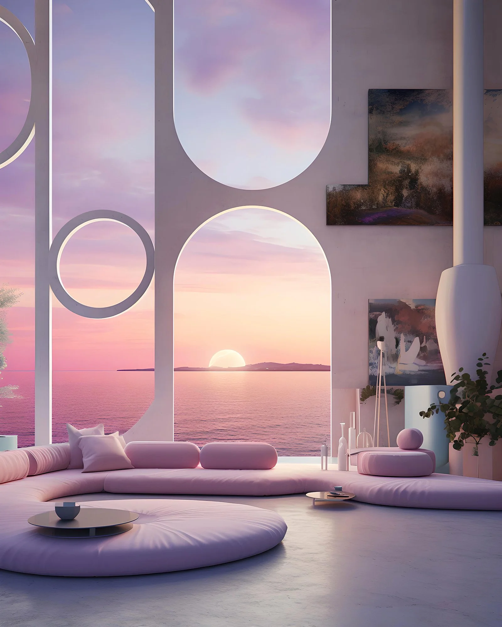 Modern living room with large windows showing a sunset over the ocean, light pink cushioned seating, and abstract art on the walls.
