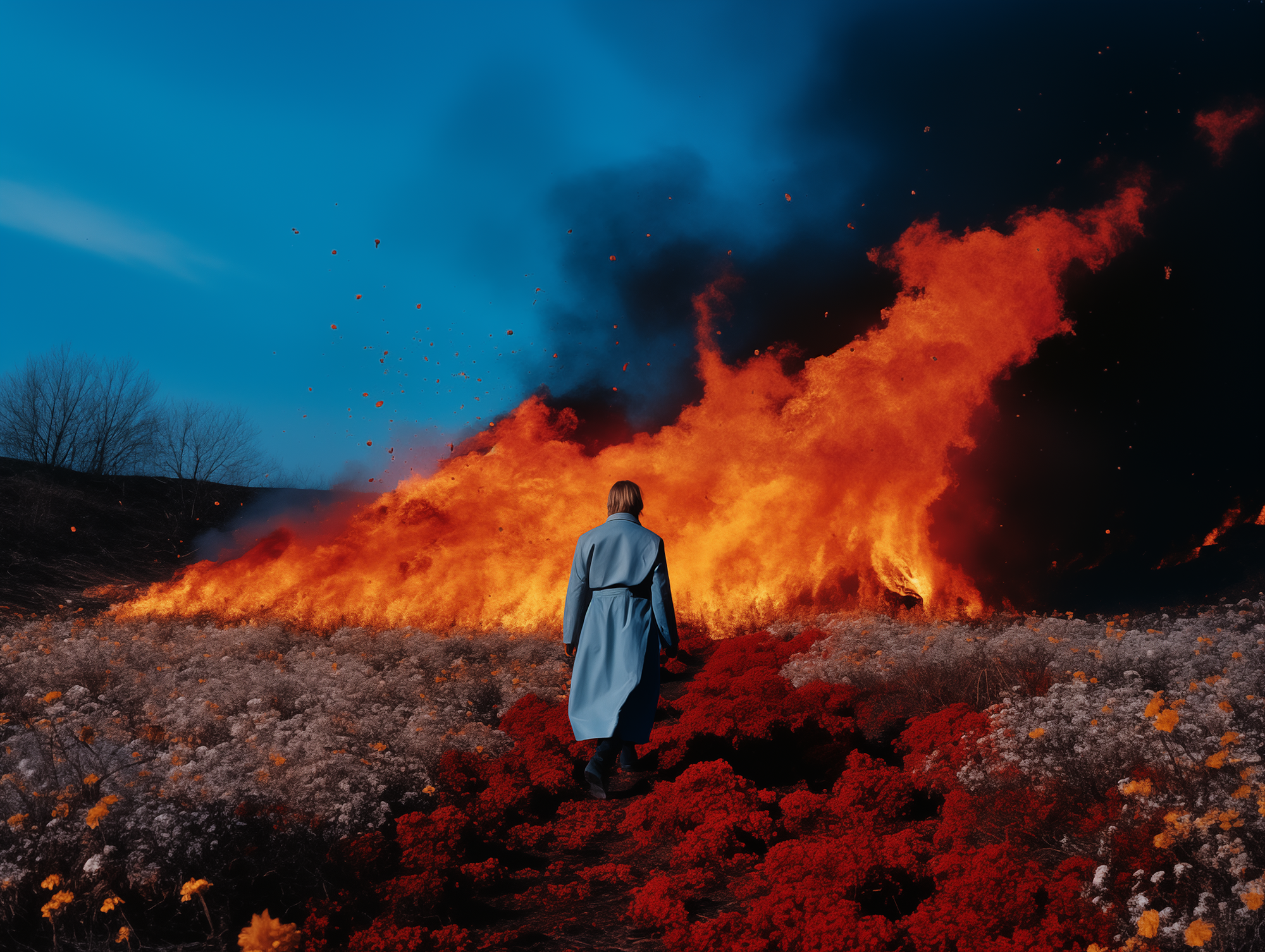 Person in a trench coat walking towards a large wildfire with heavy orange flames and black smoke, amidst dry foliage and a dark sky.