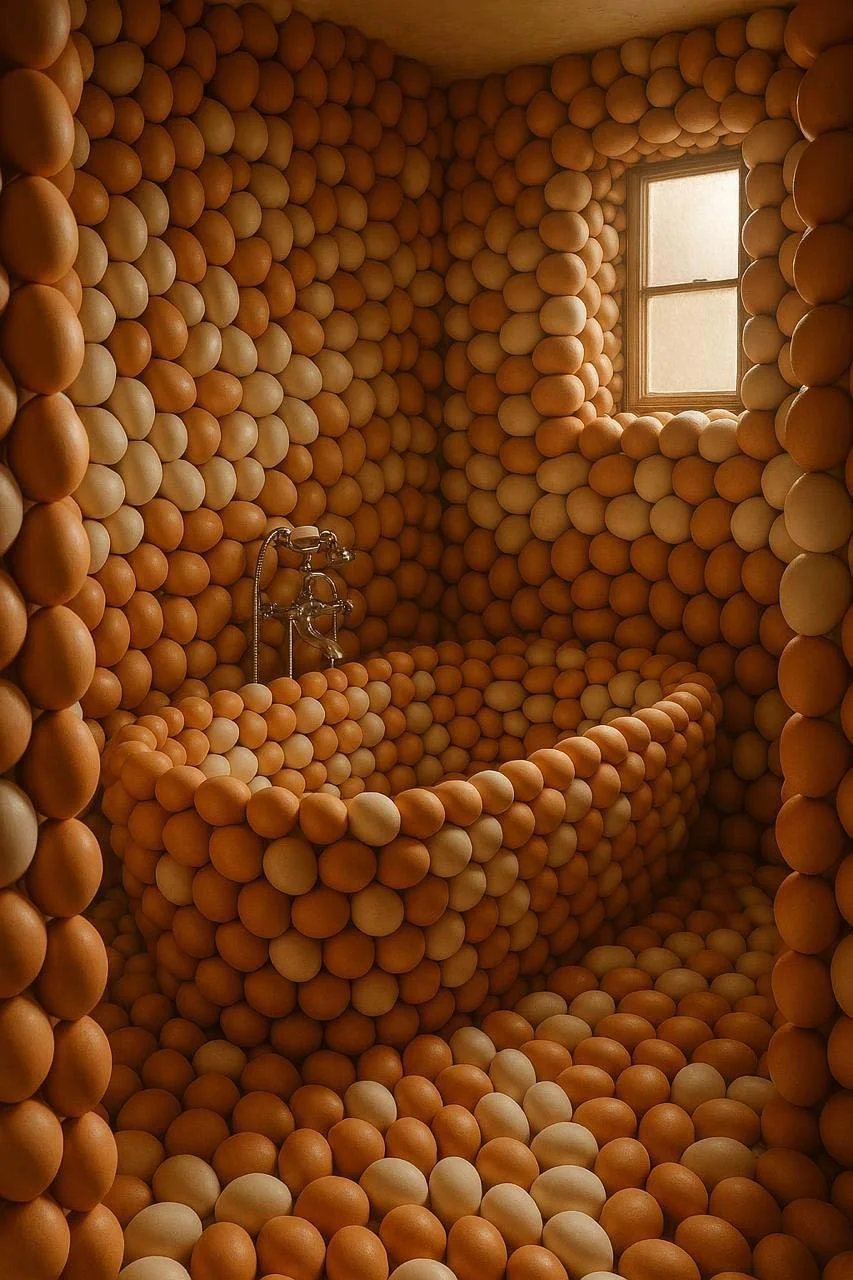 A bathroom covered with numerous orange and beige plastic balls, with a small window providing natural light.