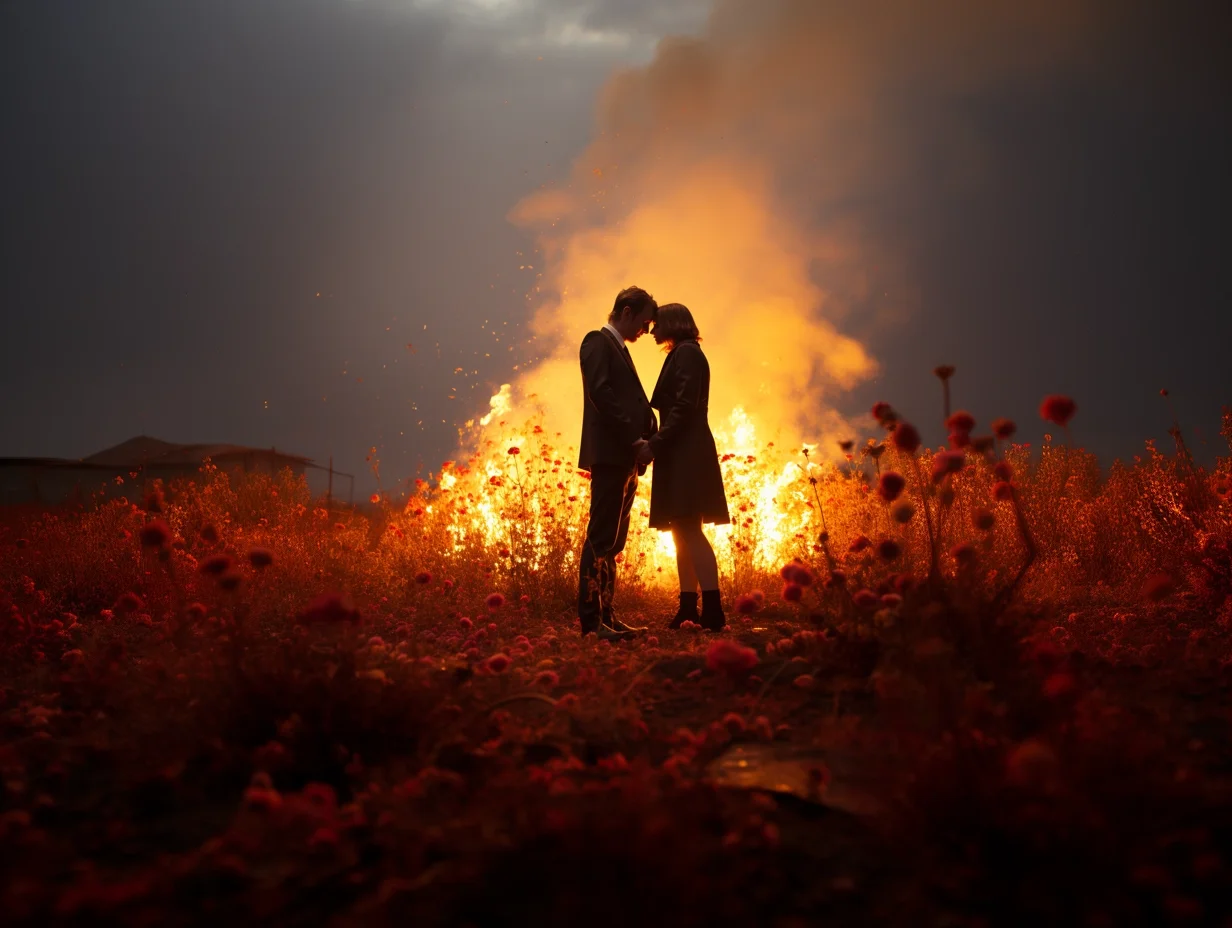 A couple in formal attire standing close together, holding hands, in a field of flowers with a large fire burning behind them.