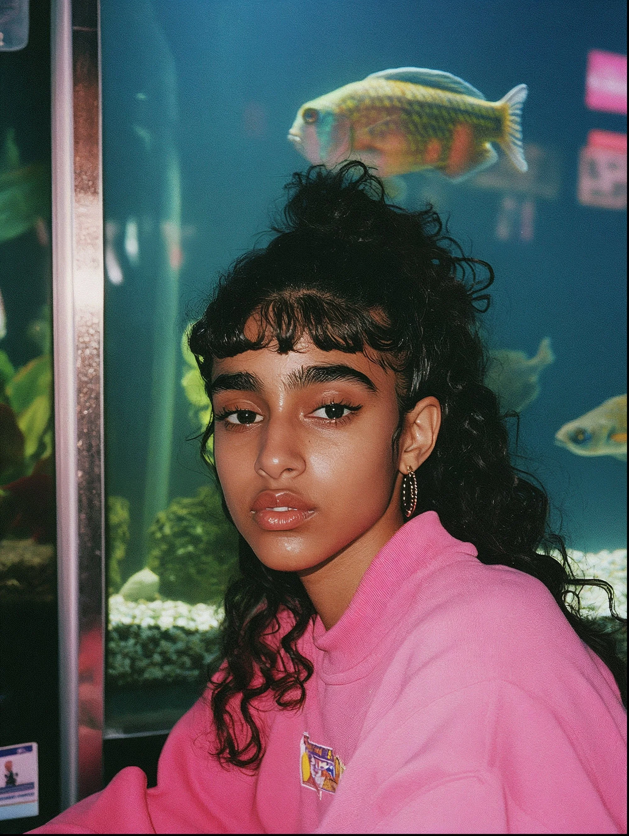 A young woman with curly black hair and hoop earrings in a pink hoodie, taking a selfie in front of an aquarium with colorful fish swimming behind her.
