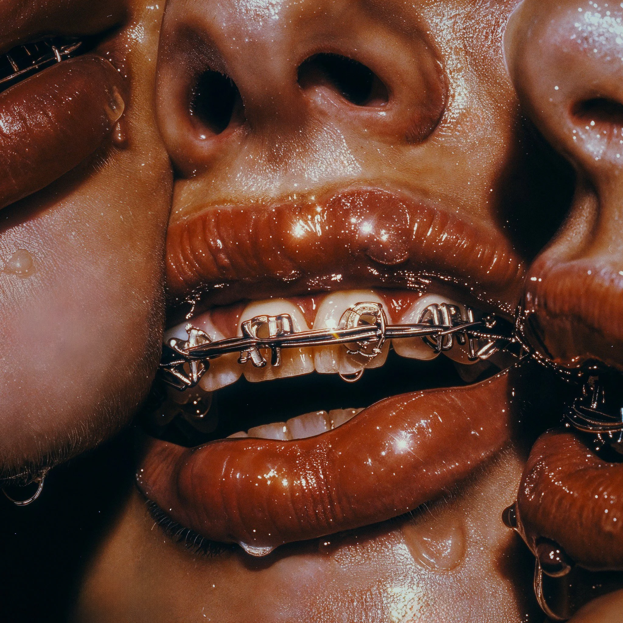Close-up of multiple faces with shiny skin, lips, and braces on teeth, showing a diverse mix of skin tones and facial features.