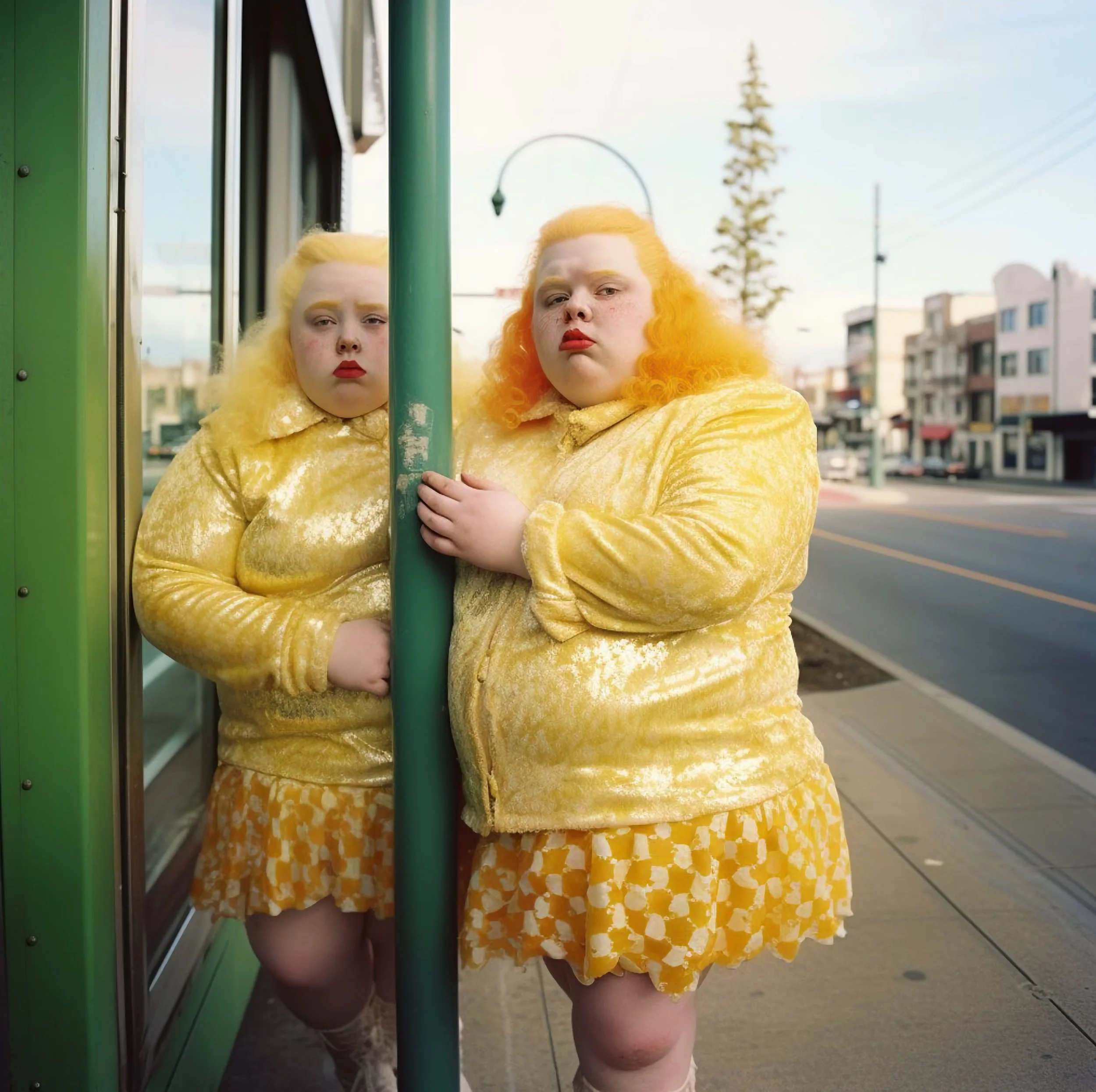 Two women dressed in matching yellow outfits standing on a sidewalk, one inside a green bus and the other outside, holding a green pole and looking at the camera.