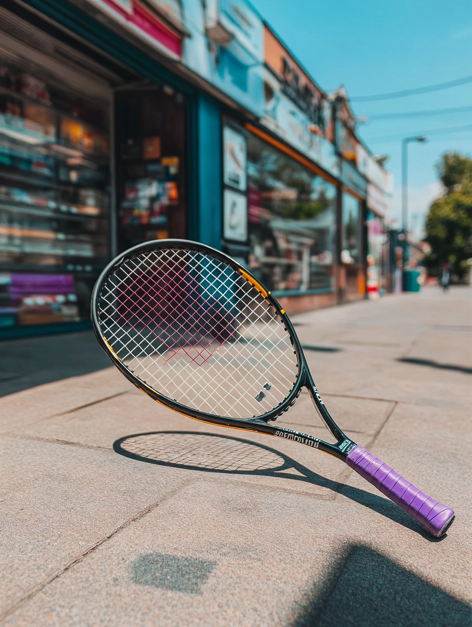 A tennis racket lying on the sidewalk in front of a storefront with colorful signage, casting a shadow on the pavement during daylight.
