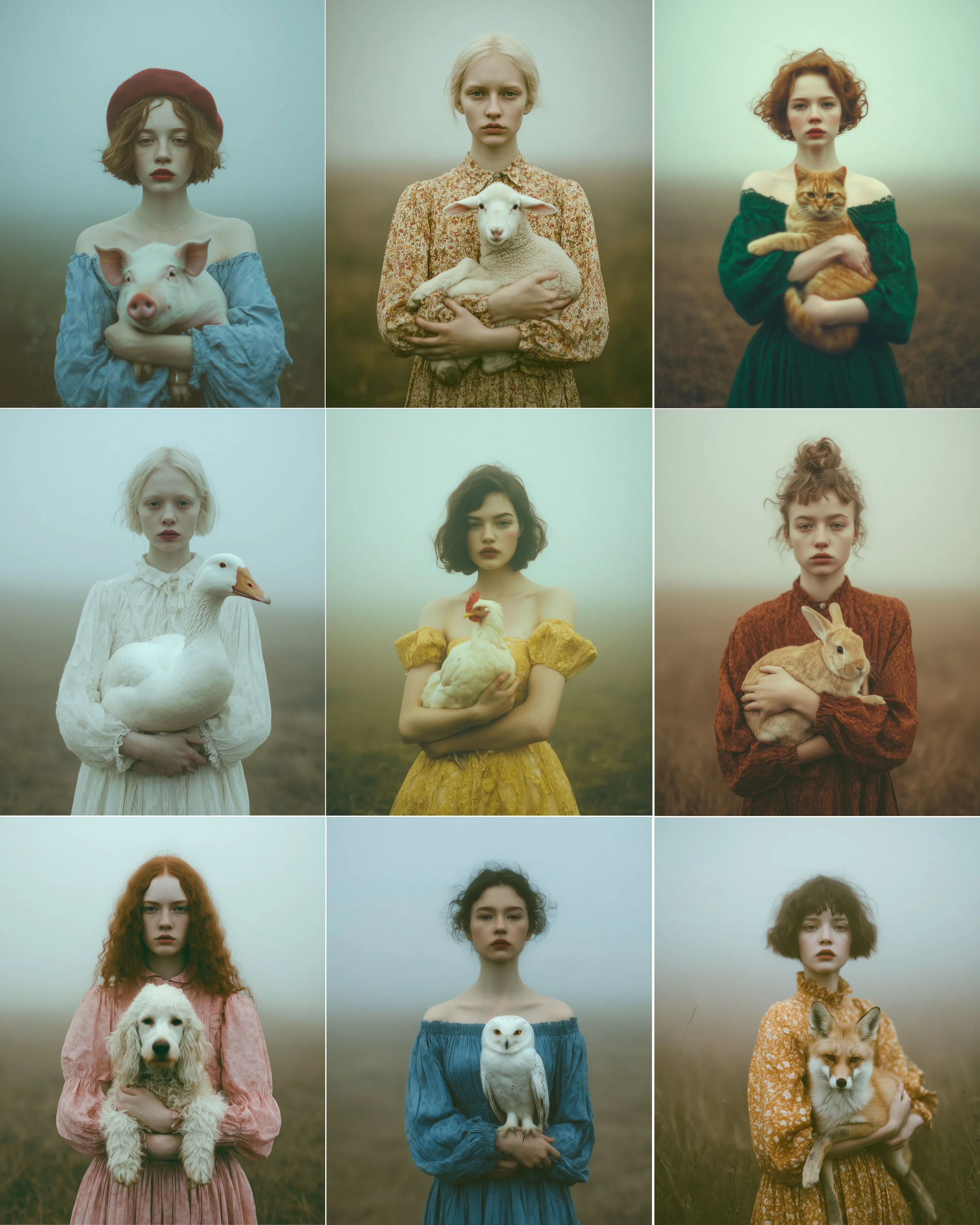 Nine young women each holding a different animal, standing outdoors in a foggy field, arranged in a 3x3 grid.