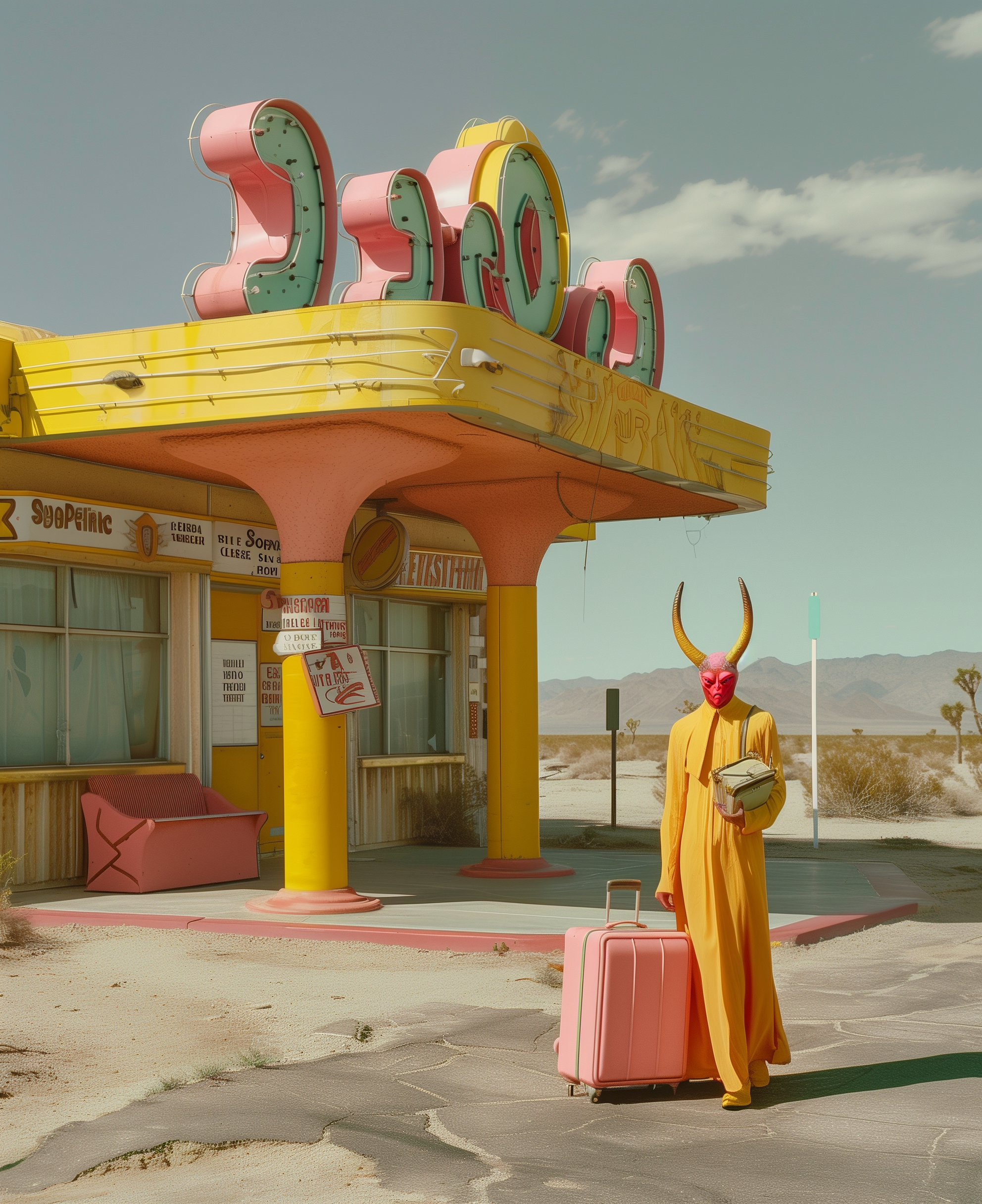 Person in a yellow outfit with a horned mask, carrying a bag and standing with a pink suitcase outside an abandoned desert diner with bright pastel colors and a surreal atmosphere.