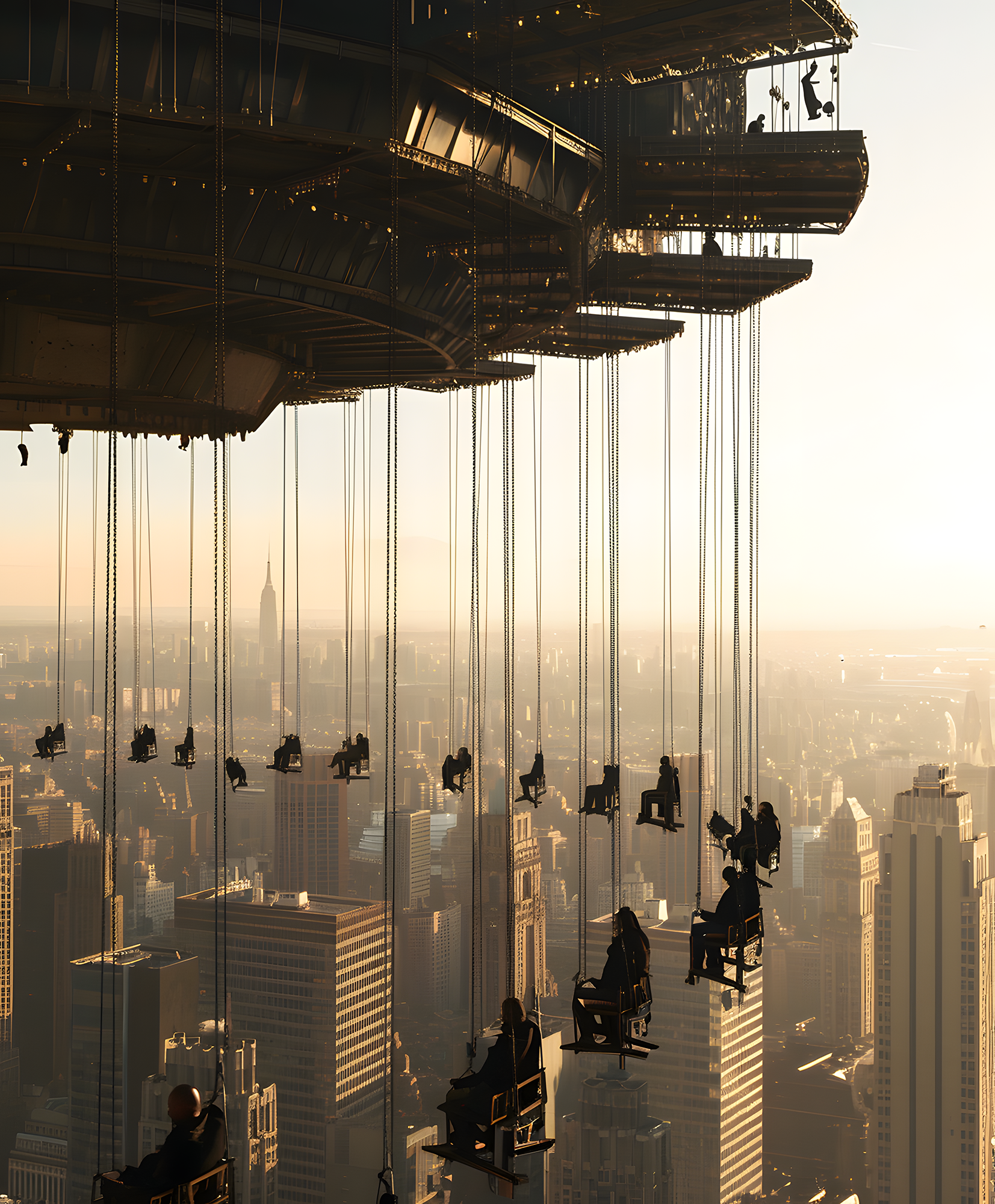 People sitting on swings hanging from a tall building overlooking a city skyline at sunset.