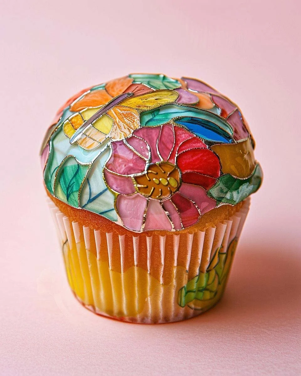 Cupcake with a colorful stained-glass style floral design on the frosting, set against a pink background.