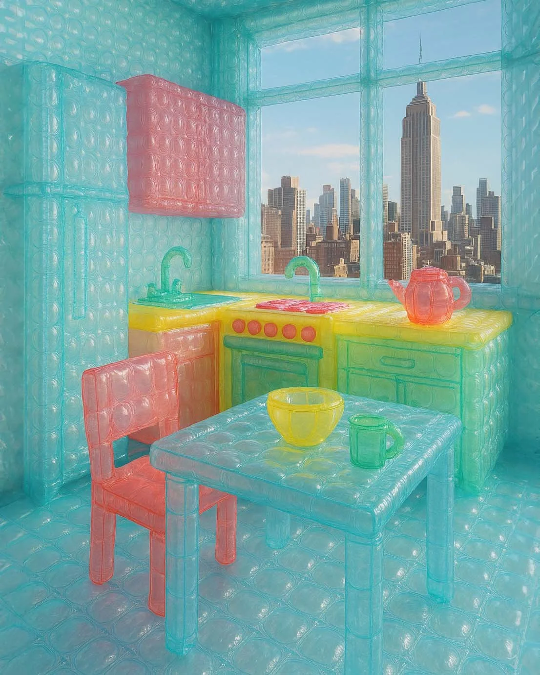 A colorful, inflatable bubble house designed to look like a kitchen, with a view of a city skyline through a large window. The house has transparent, bubble-like walls, a yellow countertop with a red teapot, a table with a yellow bowl and green mug,