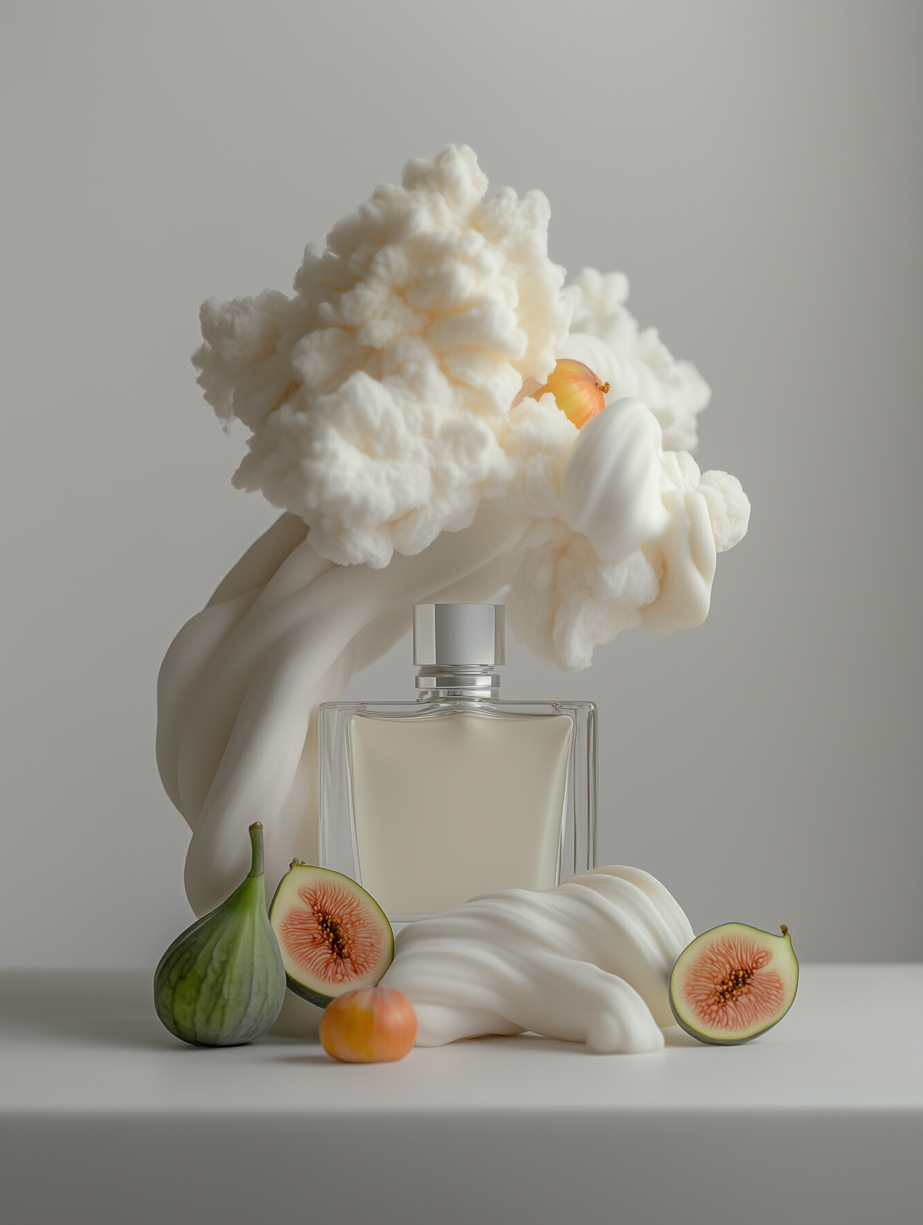 A perfume bottle surrounded by figs, peaches, white cream or lotion, cotton, and clouds, arranged in an artistic and minimalist composition.