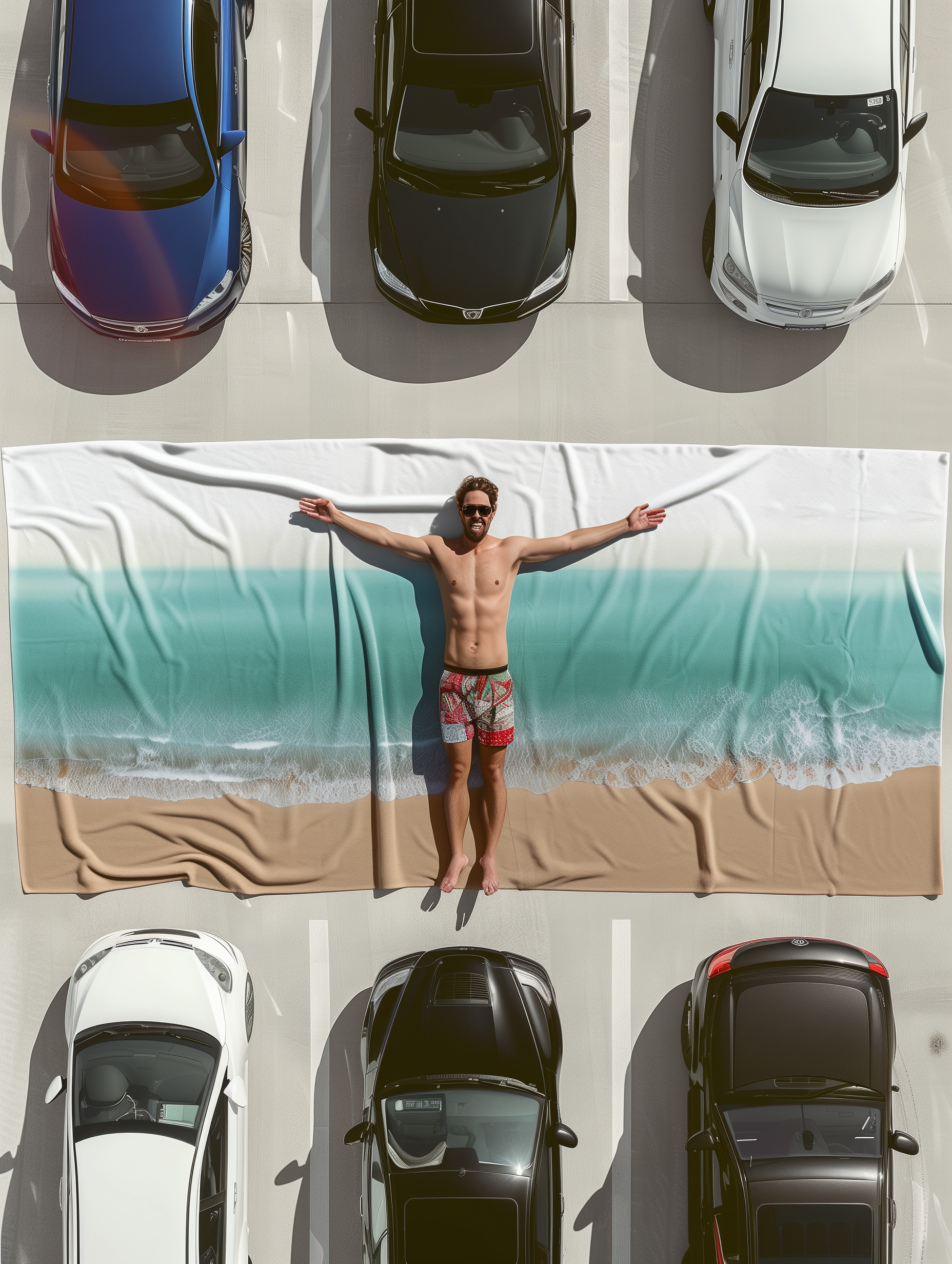 A man lying on a blanket designed to look like a beach scene in a parking lot, surrounded by cars.