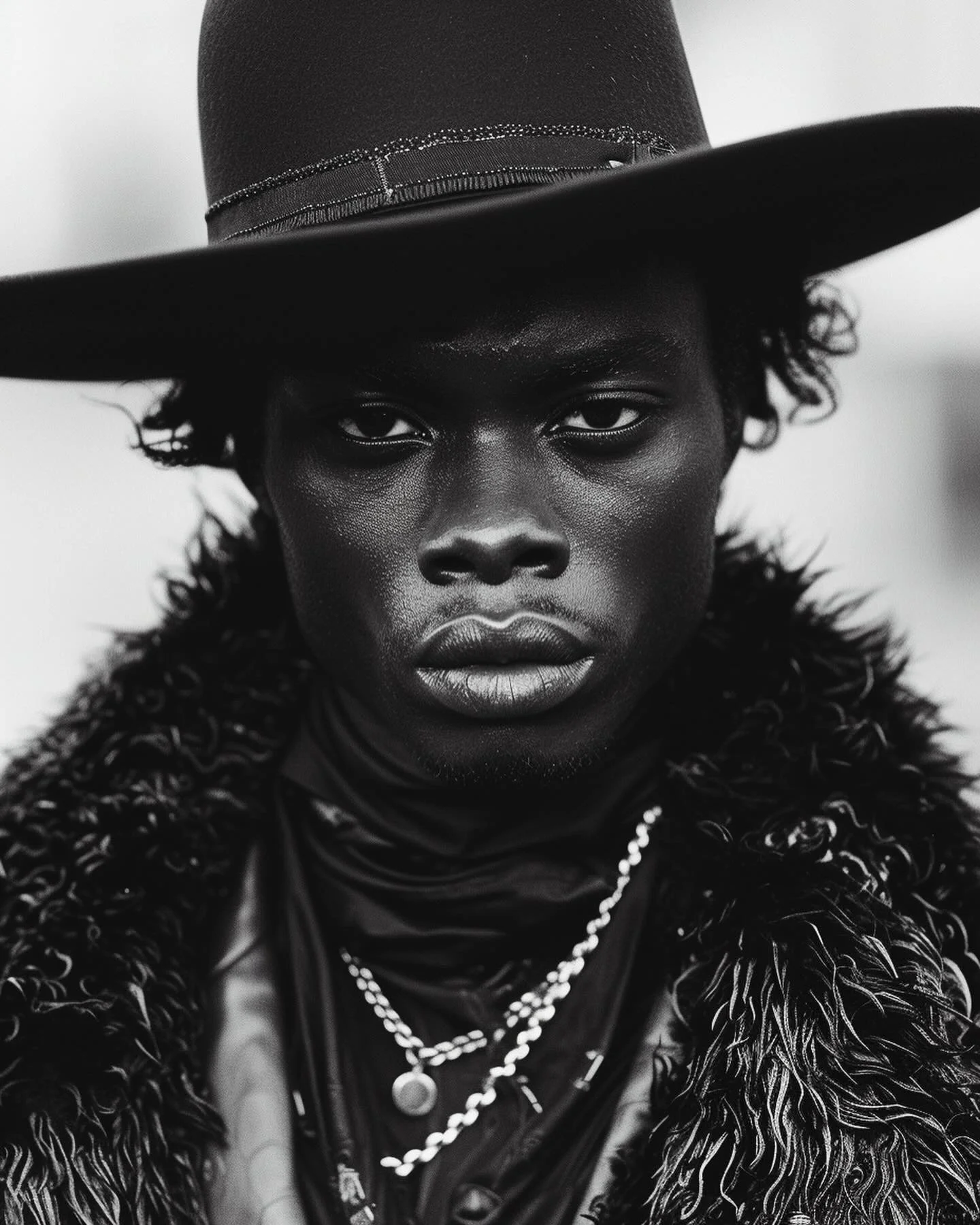 Black and white close-up photo of a person wearing a wide-brimmed hat, jewelry, and a textured fur collar, looking directly at the camera.