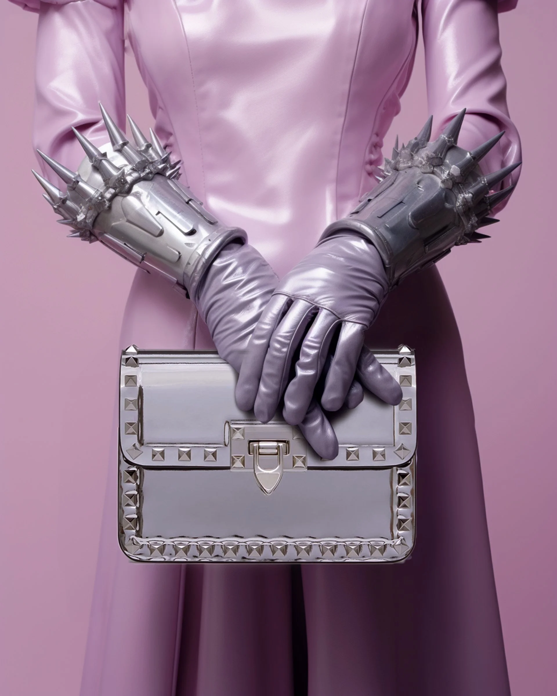 A person dressed in a shiny, lavender-colored outfit with matching gloves, holding a silver, studded purse. The gloves are decorated with metallic spikes.