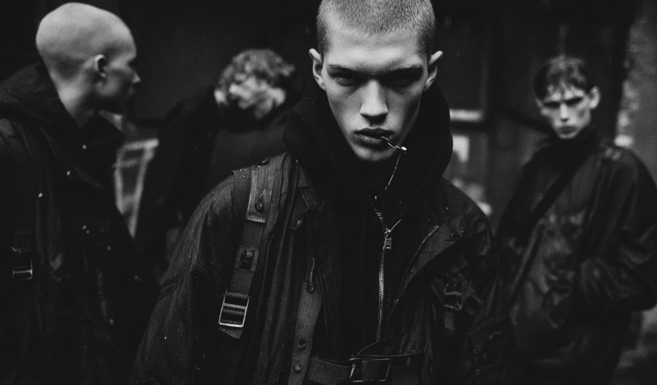 Black and white photo of four young men in dark jackets, standing outdoors. The central figure looks directly at the camera with a serious expression, holding a cigarette in his mouth. The other three are slightly out of focus in the background, also