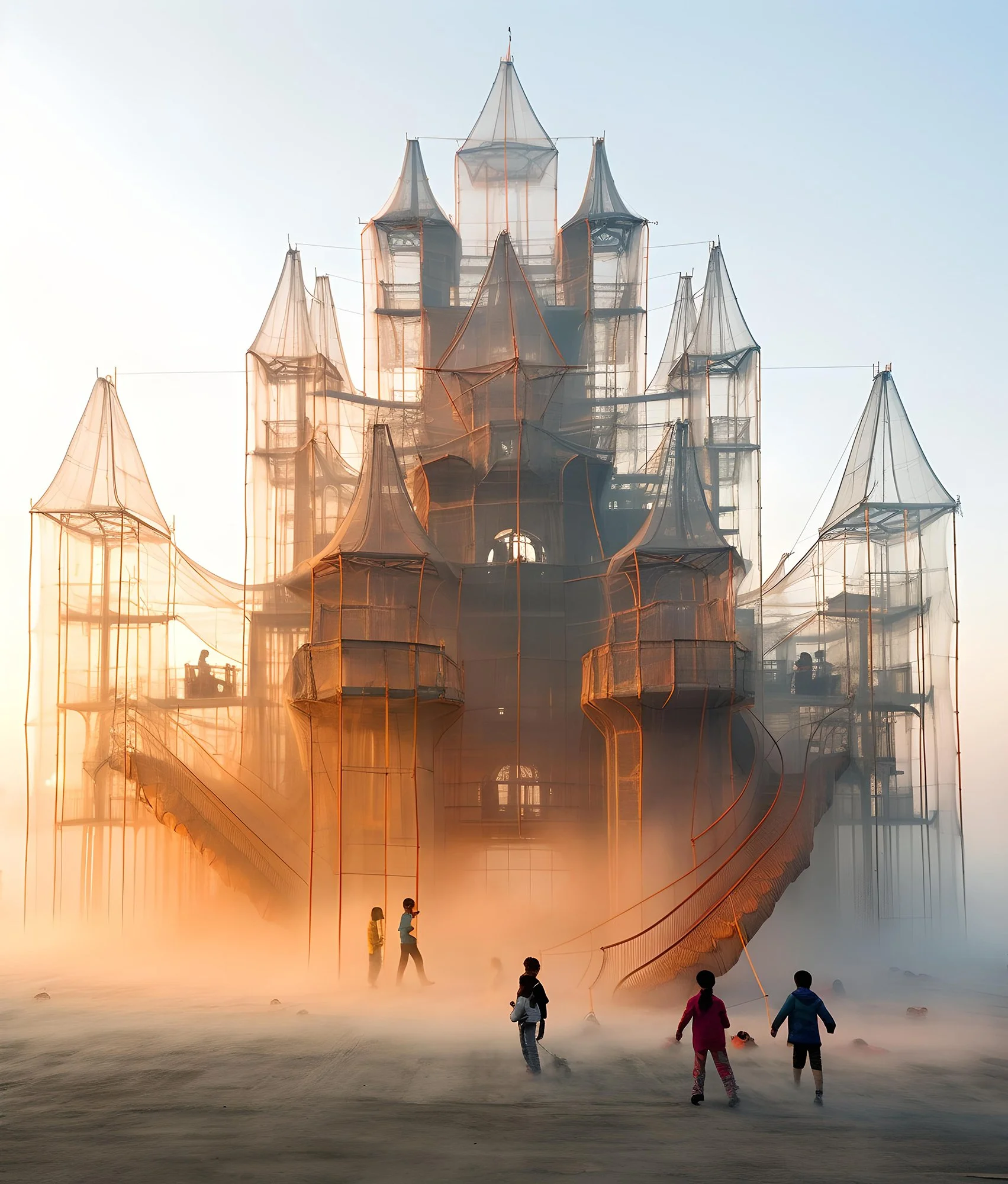 People standing in front of a large structure wrapped in orange scaffolding and mesh at sunset with a hazy atmosphere.