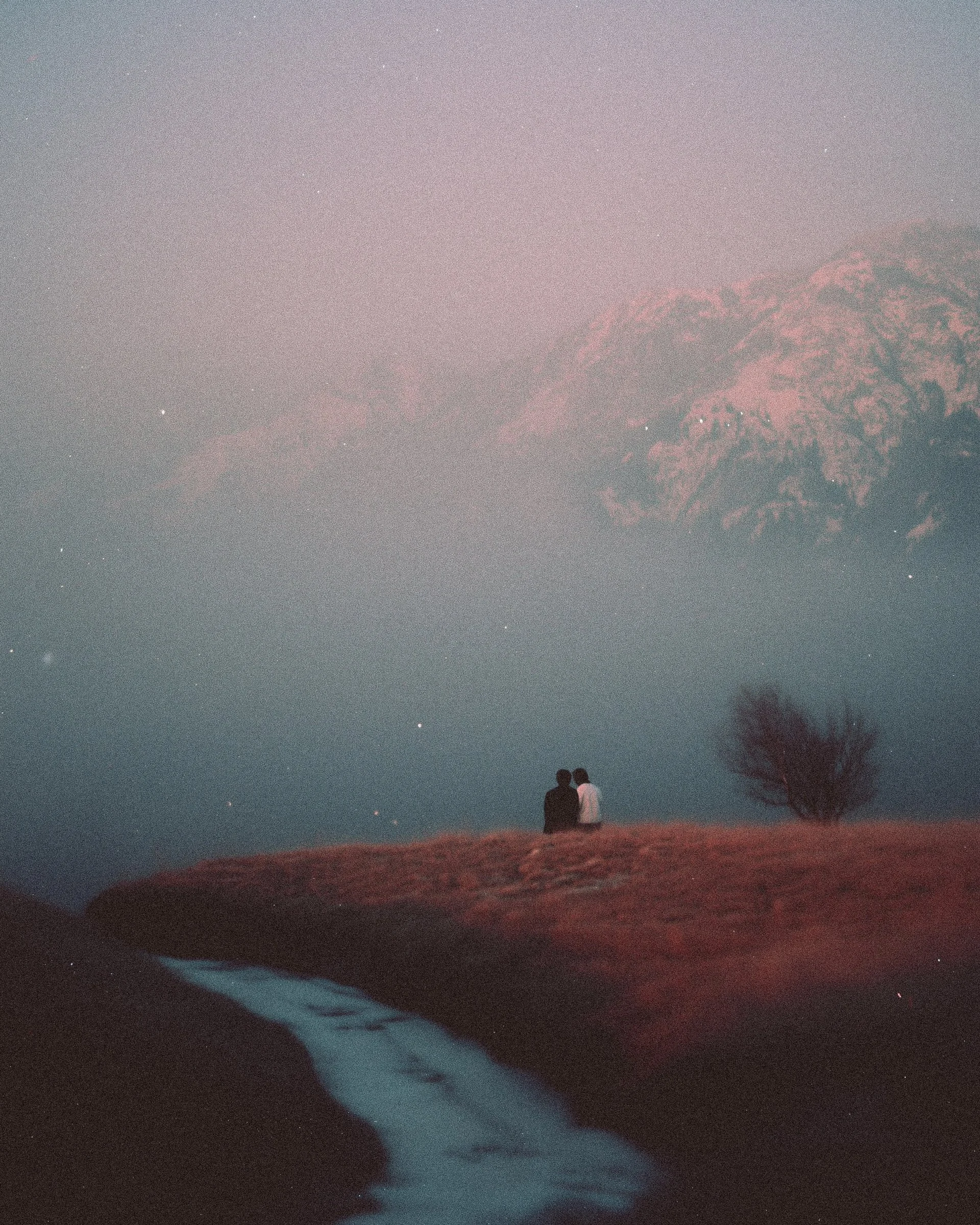 Two people sitting on a grassy hill at dusk, facing away, with a mountain and starry sky in the background.