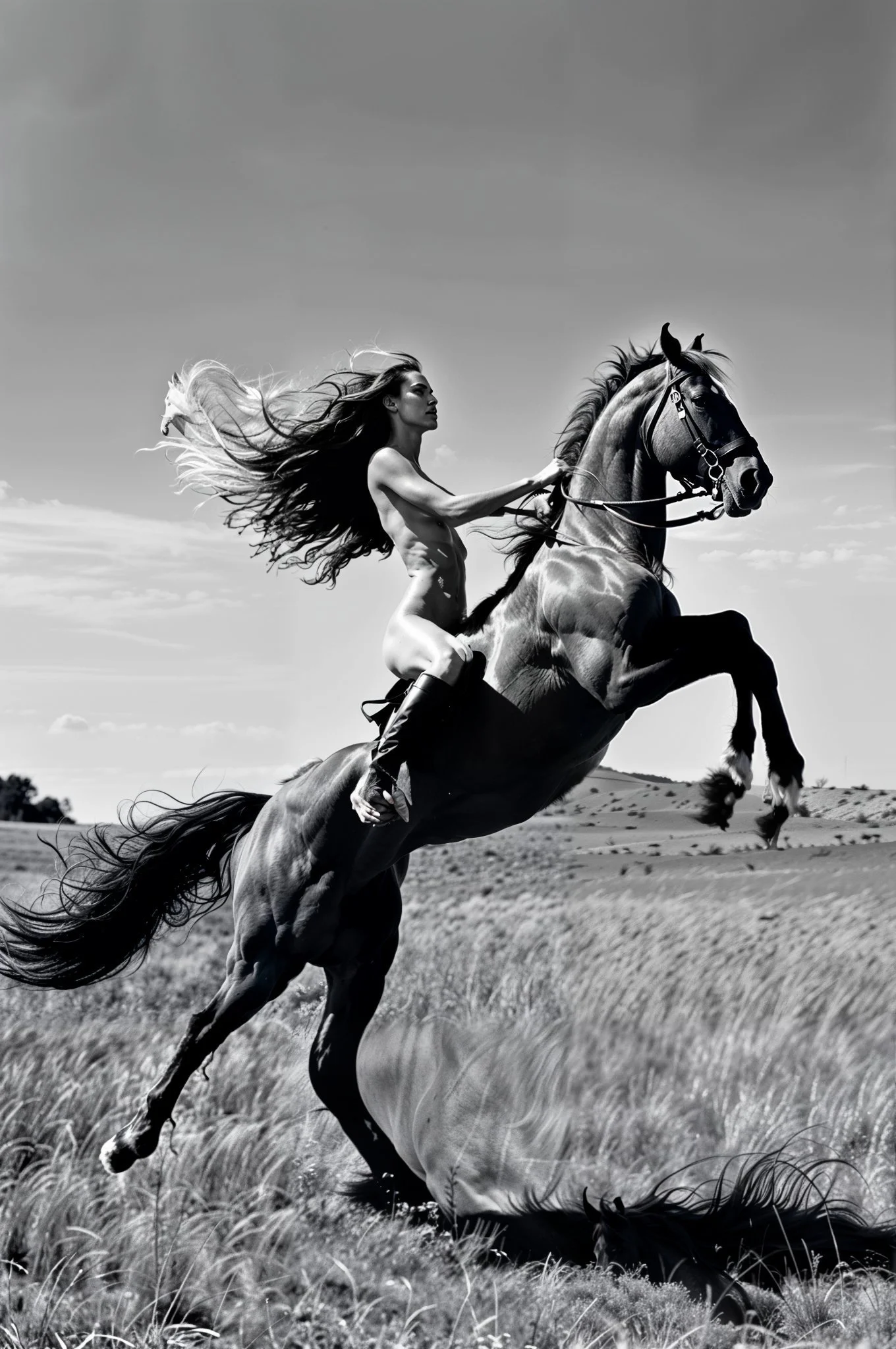 A black-and-white photograph of a woman riding a rearing horse in an open field.