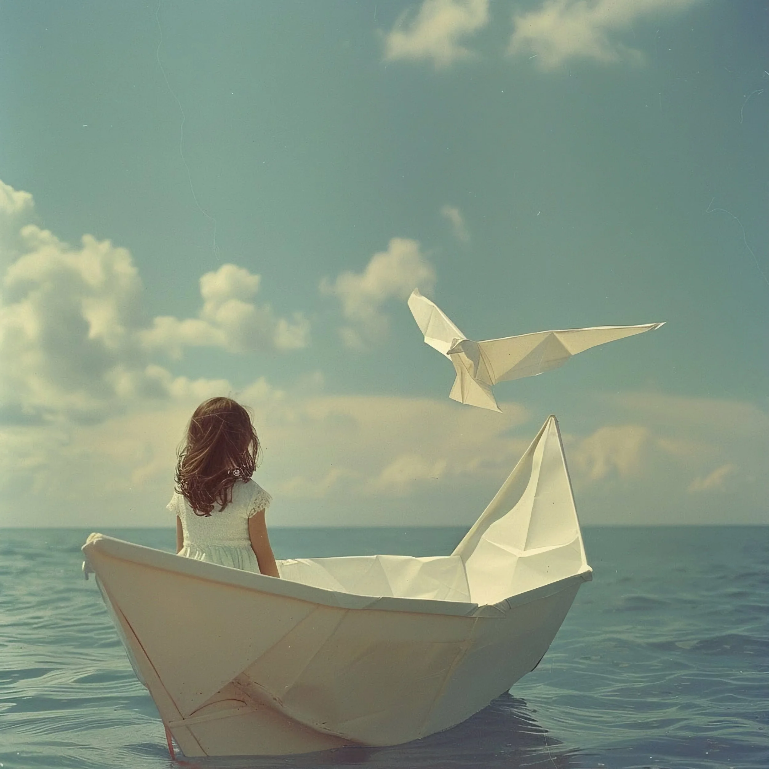 A girl in a white dress sitting in a paper boat on the ocean, watching a paper bird flying in the sky with clouds.