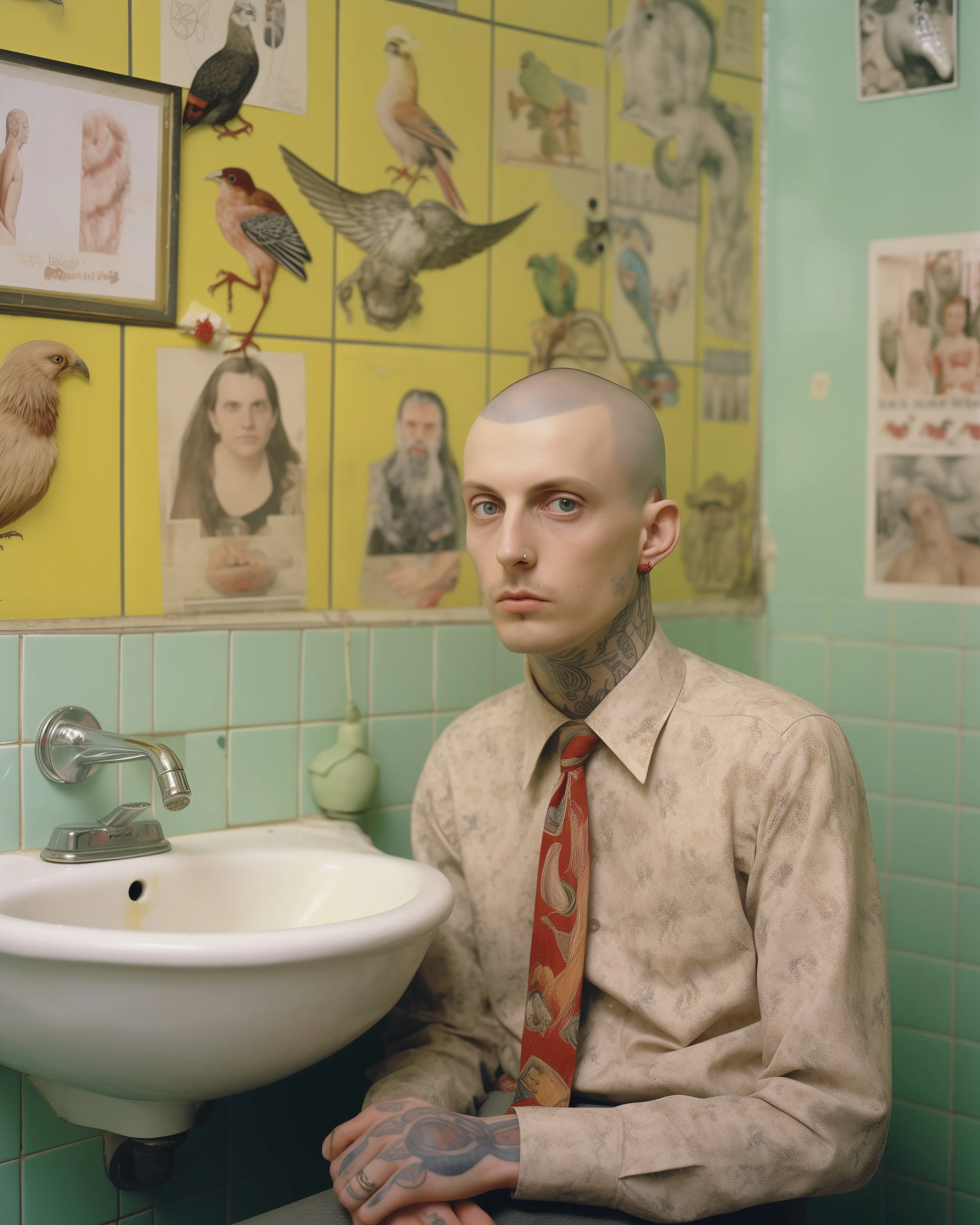 Young man with tattoos and a shaved head sitting in a bathroom with yellow and green tiled walls decorated with bird illustrations and photographs.