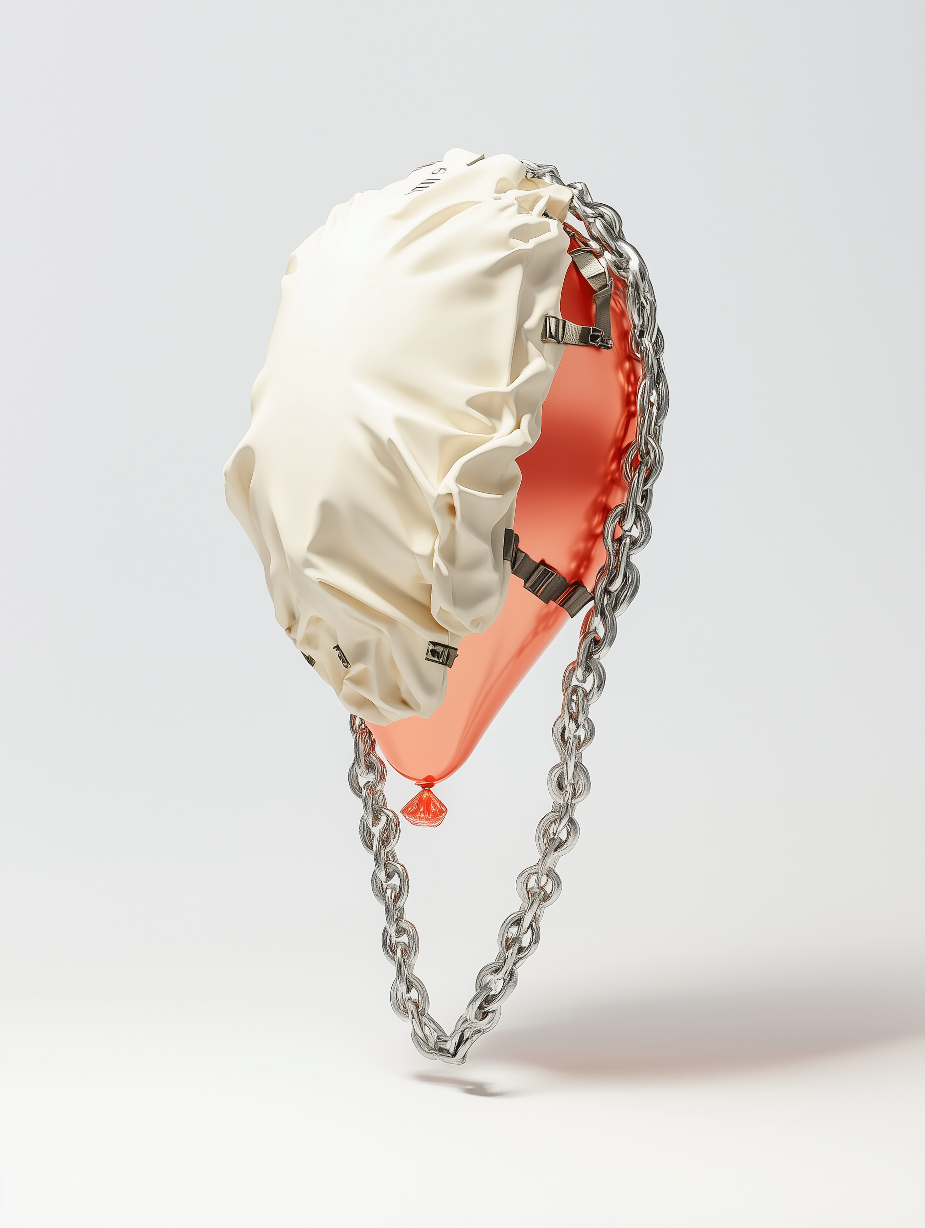 A lifeboat with safety gear including a white cover, a red interior, and a metal chain hanging from the bottom, set against a plain background.