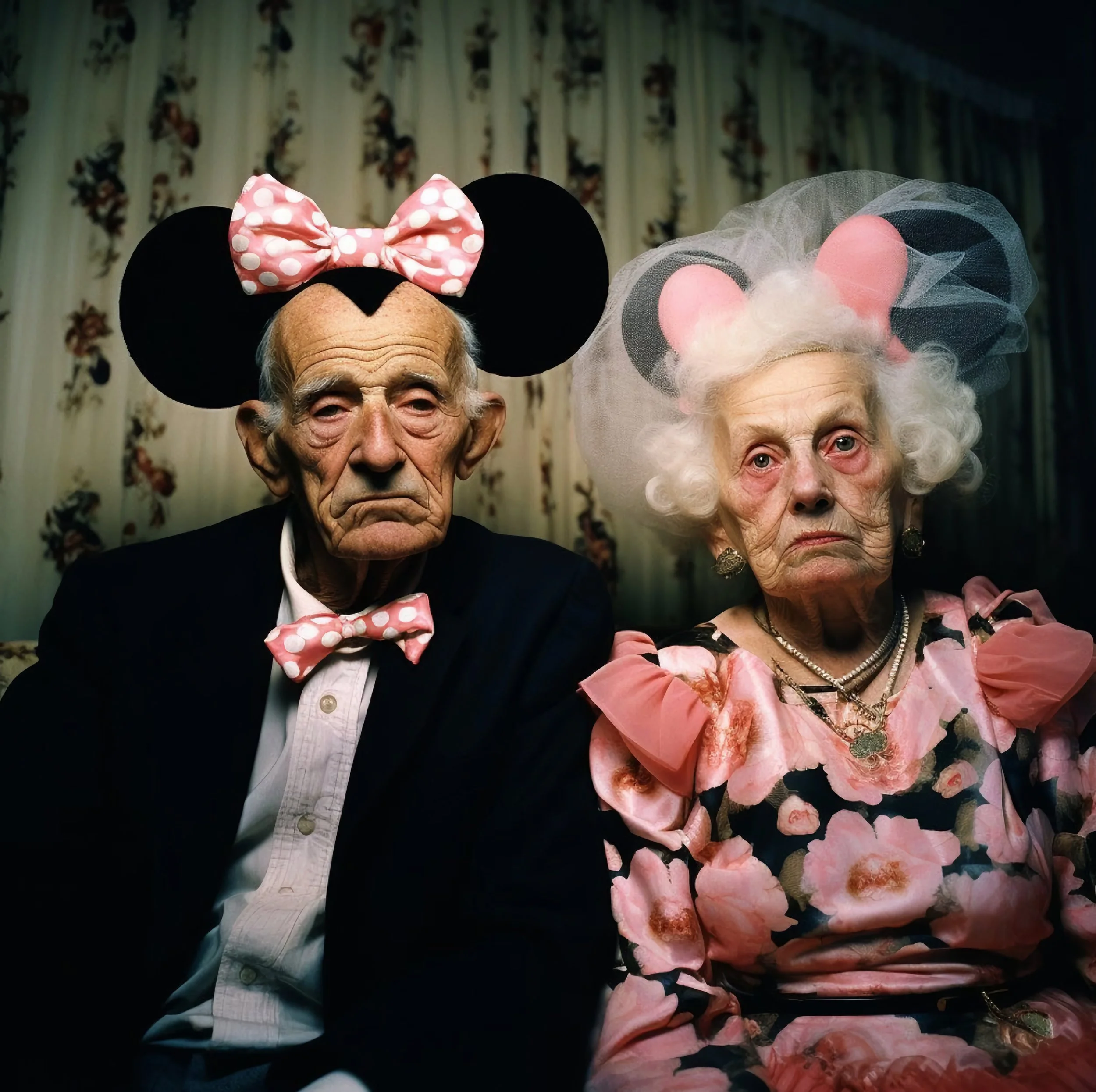 An elderly man and woman dressed as Mickey and Minnie Mouse, with large mouse ears headbands and matching pink polka dot accessories, sitting together in front of floral curtains.