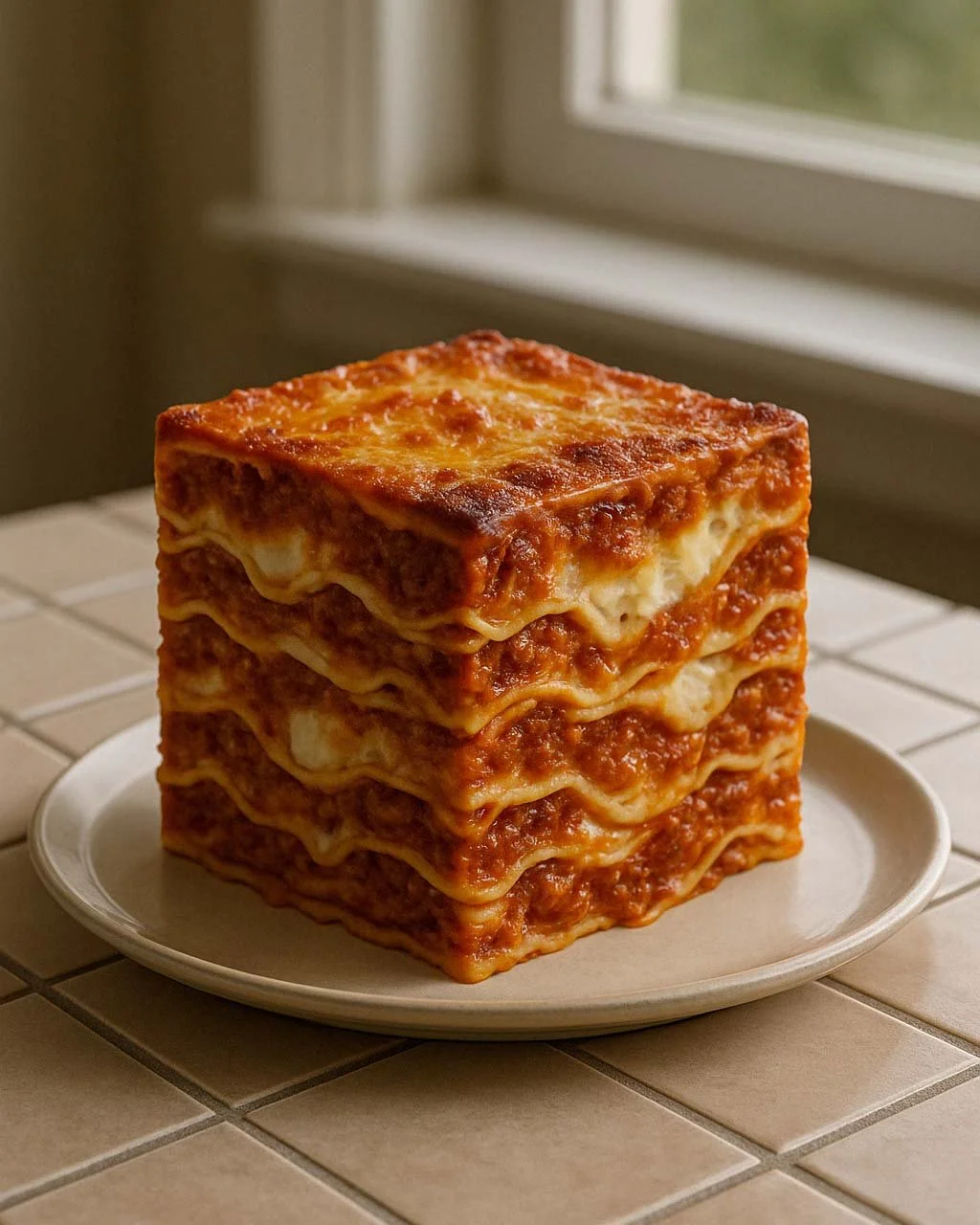 A stack of four lasagna pasta layers with meat sauce and melted cheese on a round plate, set on a beige tiled surface near a window.