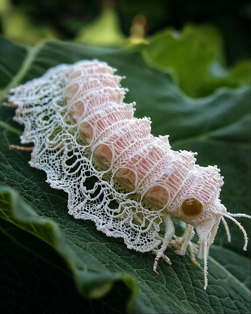 Close-up of a white and pink caterpillar with intricate lace-like patterns on a green leaf.