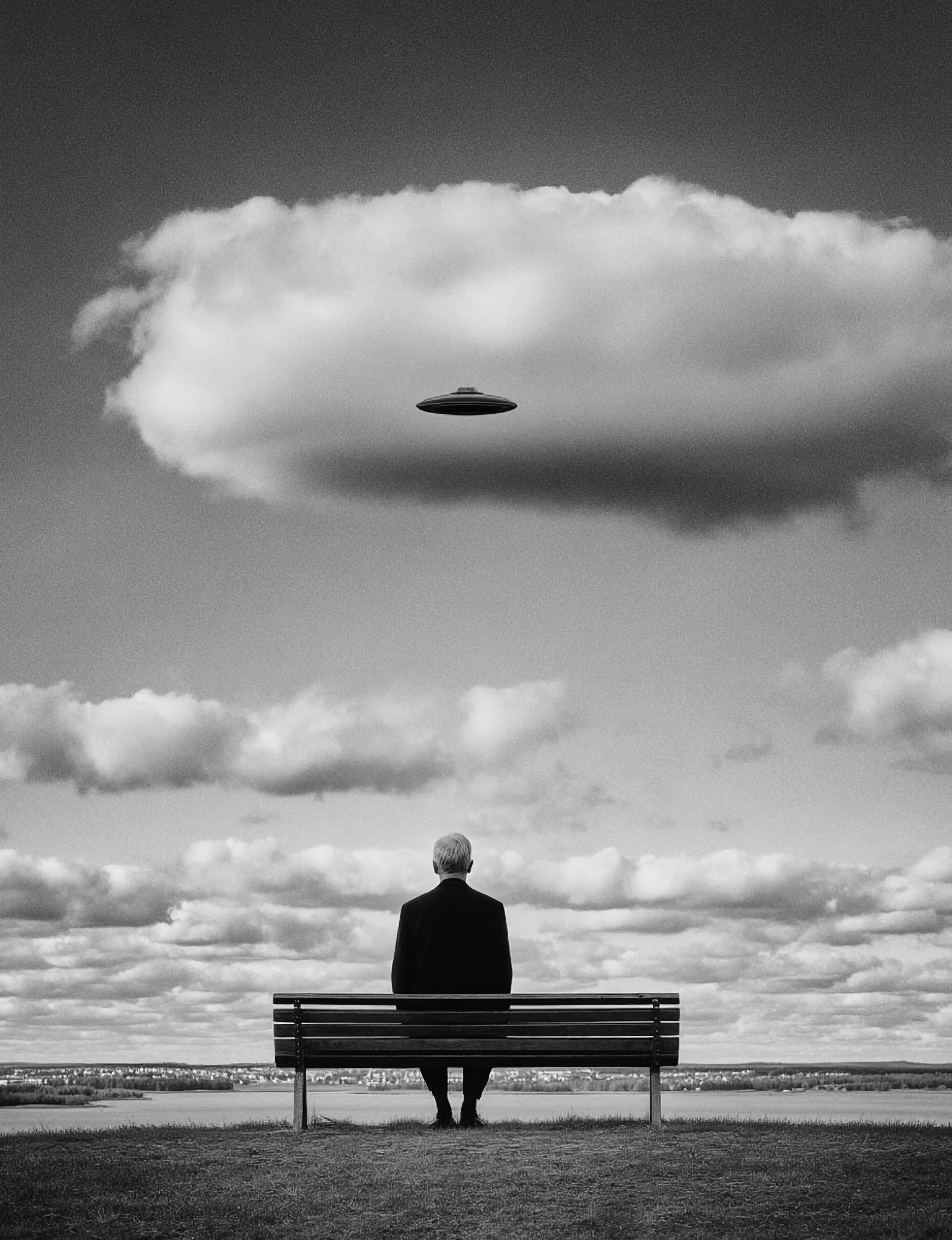 An elderly man with gray hair, dressed in a suit, sitting alone on a park bench, looking at the sky where a flying saucer is visible above a large cloud.