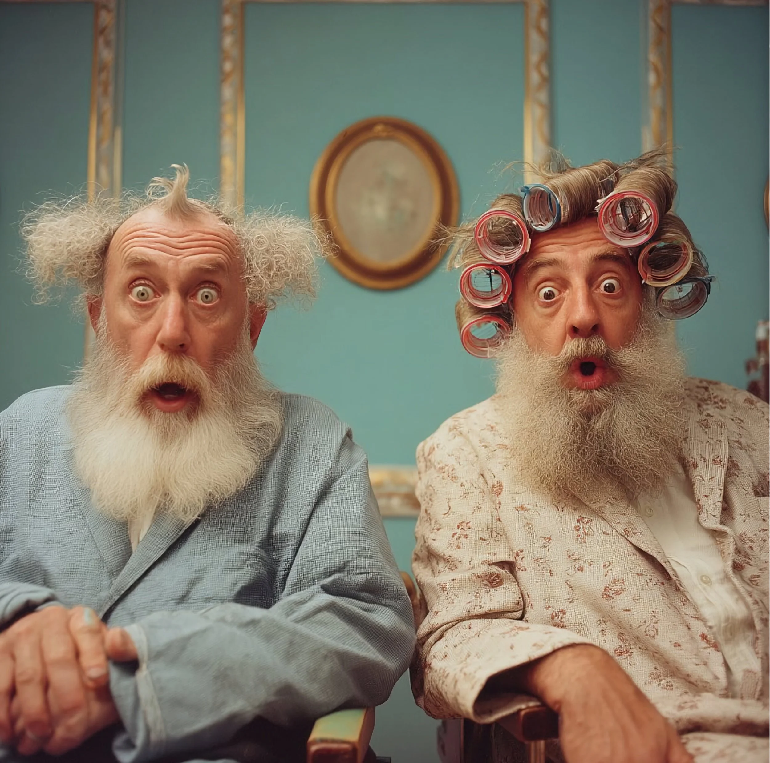 Two surprised elderly men with beards sit side by side in a colorful room; one has hair in blue curlers and the other has frizzy hair with a topknot. Both have wide eyes and open mouths.