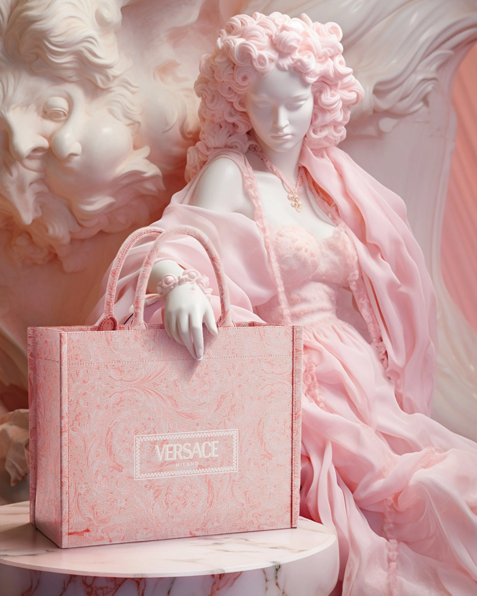 Pink Versace shopping bag placed on a white marble table with a pink mannequin dressed in pink clothing and a pink curly wig sitting behind it.