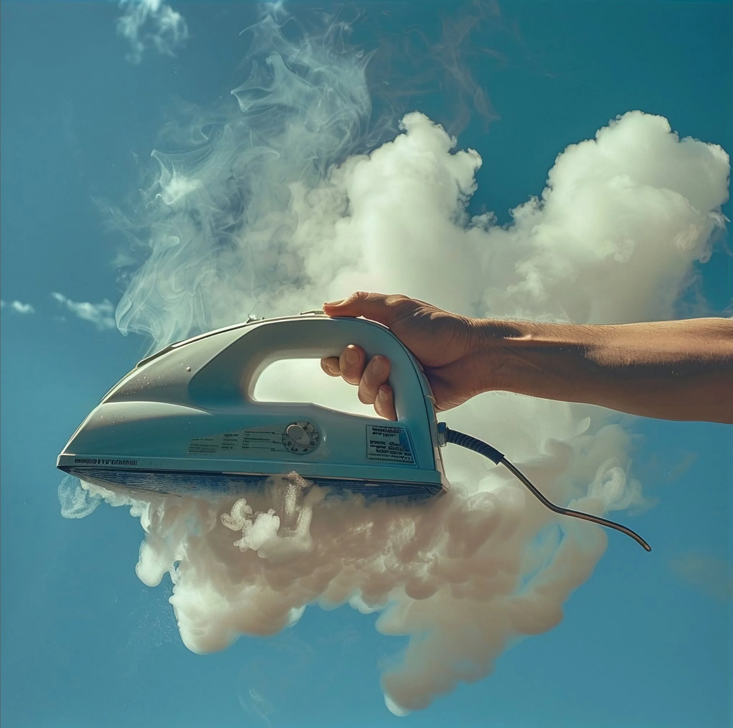 A person holding a steam iron in the sky, with steam coming out and clouds in the background.