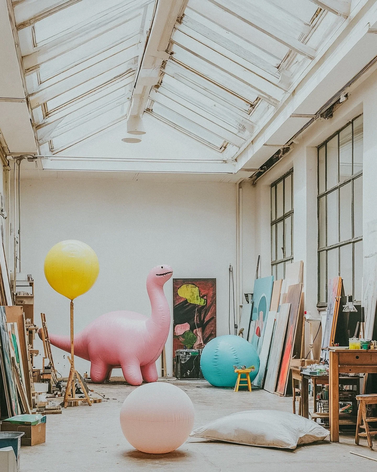 Artist's studio with balloons, paintings, and art supplies, featuring a pink inflatable dinosaur and large balloons in yellow, white, and blue.