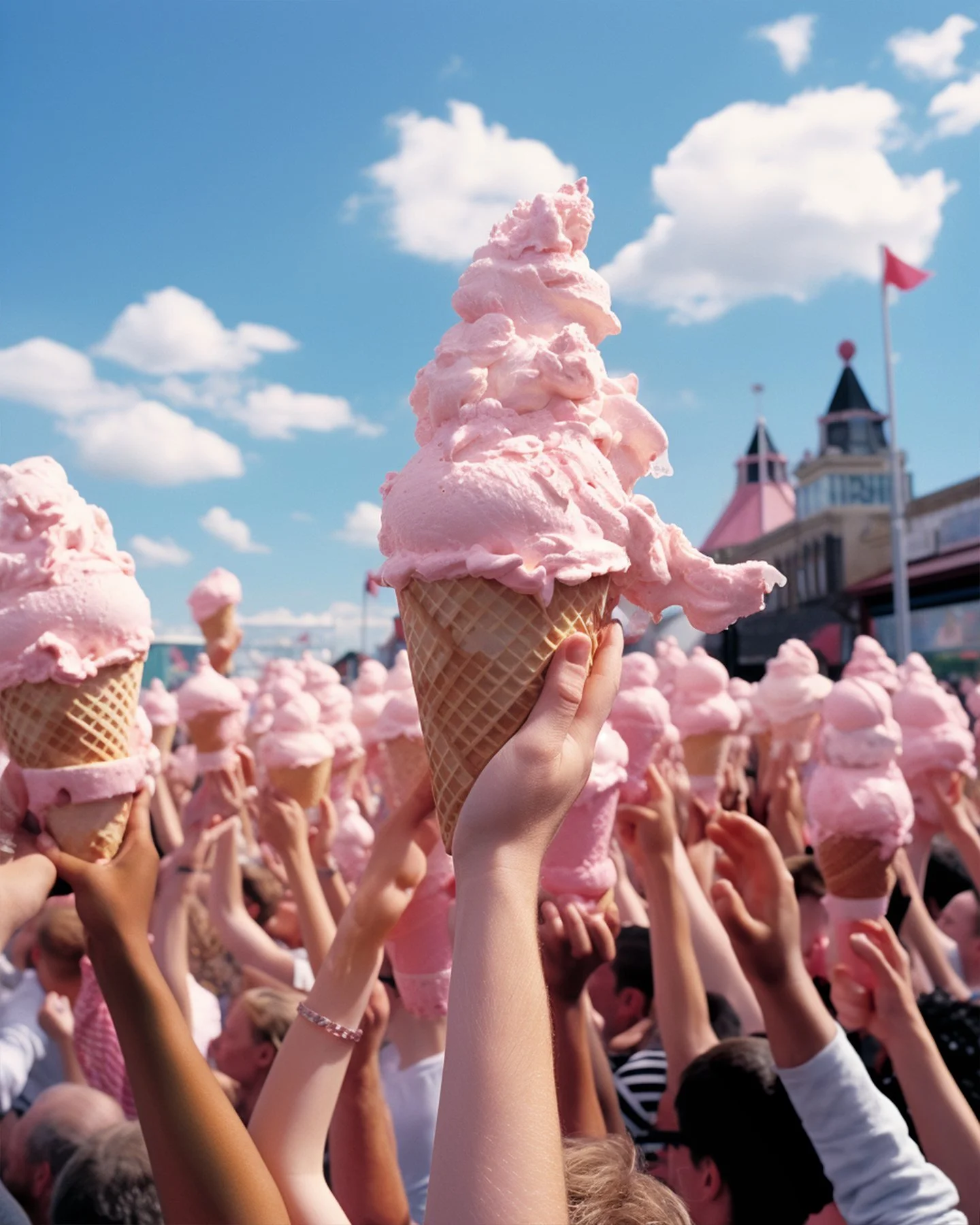 A crowd of people holding up pink ice cream cones outdoors under a bright blue sky with clouds, with some buildings in the background.