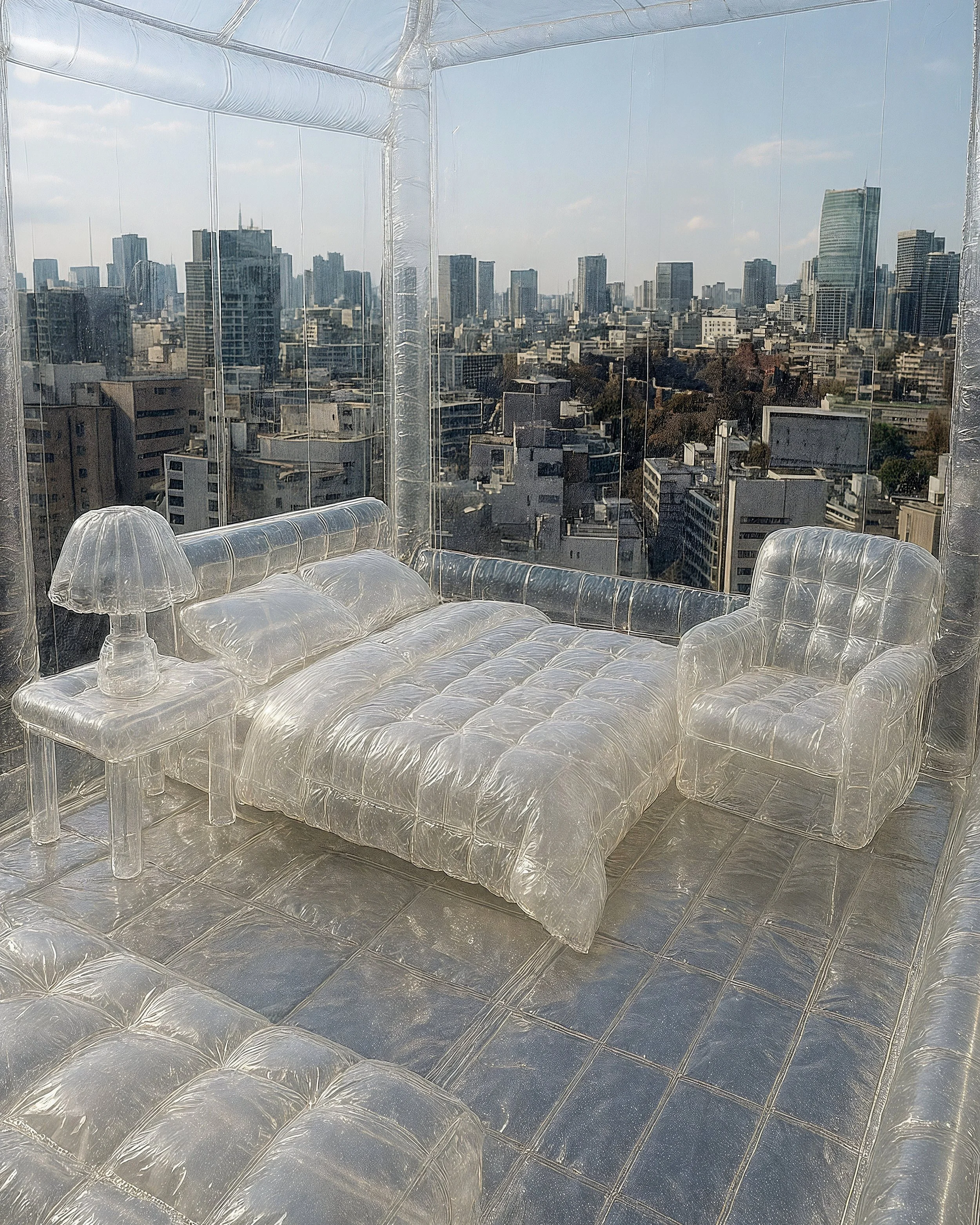Furnished transparent acrylic furniture set including a bed, armchair, and side table with lamp in a glass-enclosed room overlooking a city skyline.